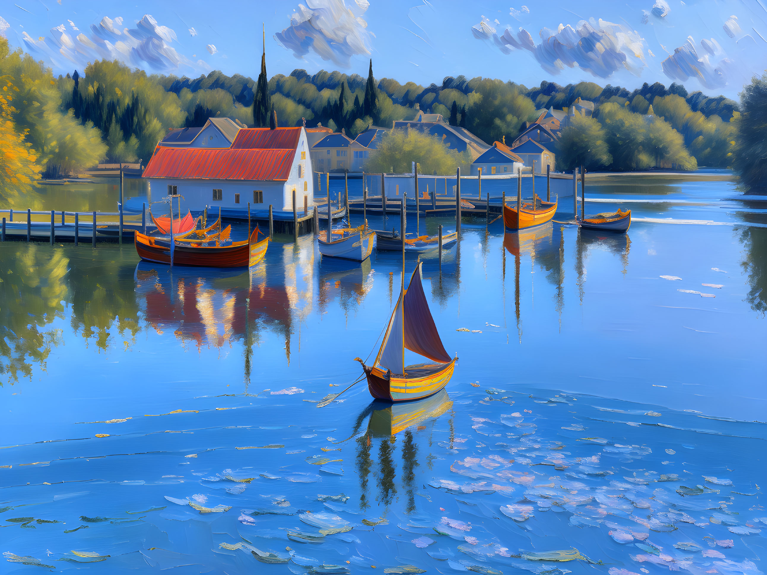 Tranquil waterfront with white building, boats, and colorful sailboat on sunny day