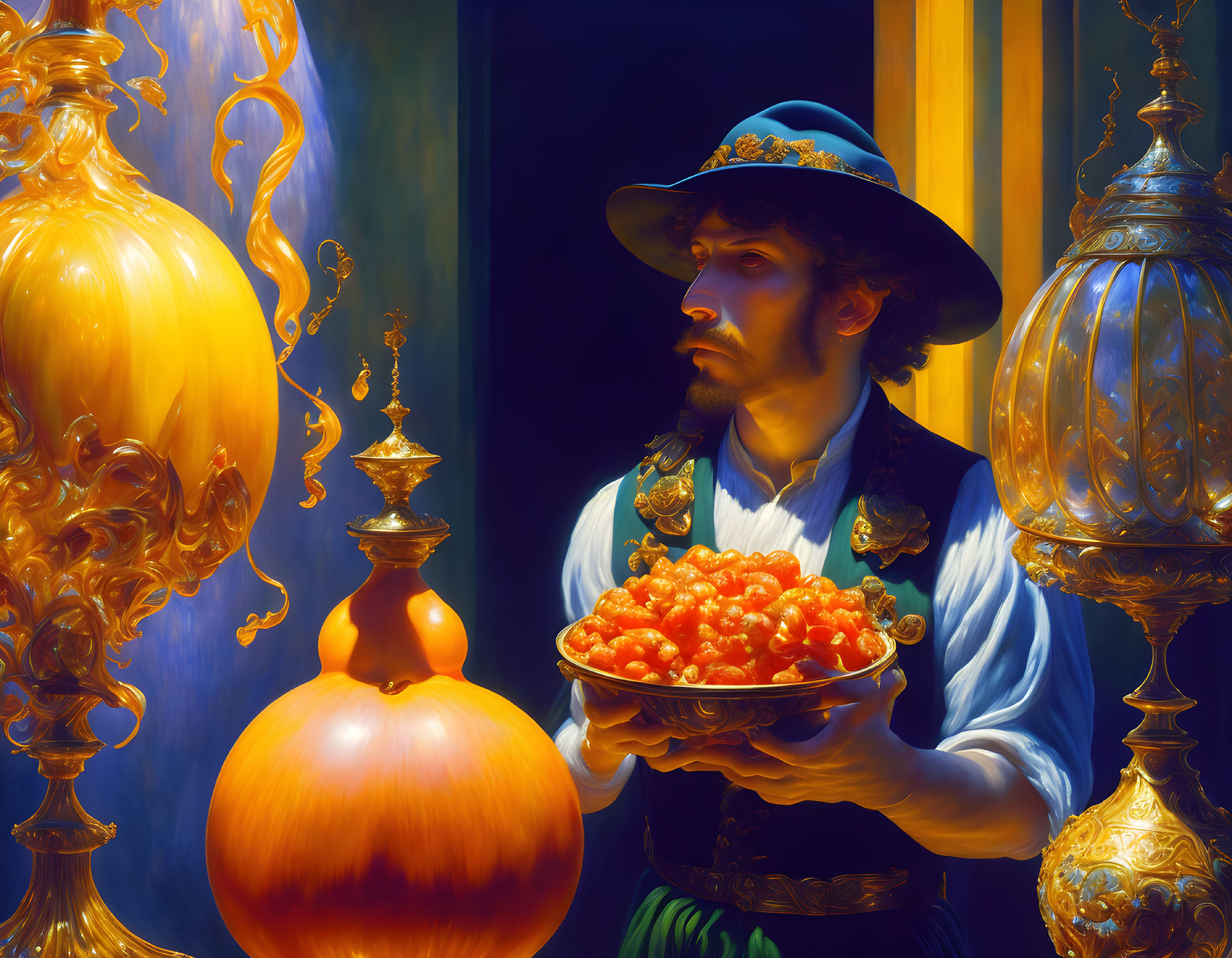 Man in historical attire with plate of oranges in ornate setting.