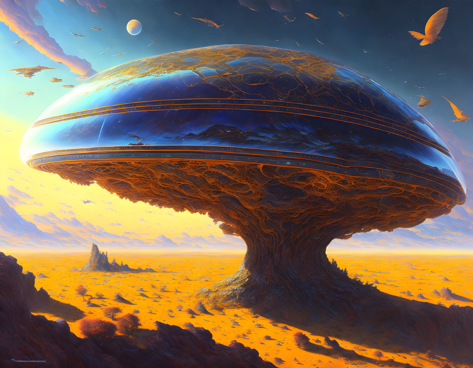 Alien tree-like structure in golden landscape with distant planet.