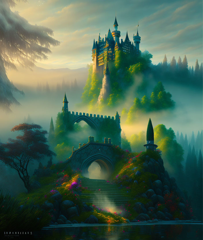 Fantasy castle on misty hill with stone bridge, lush greenery, vibrant flowers, and tranquil
