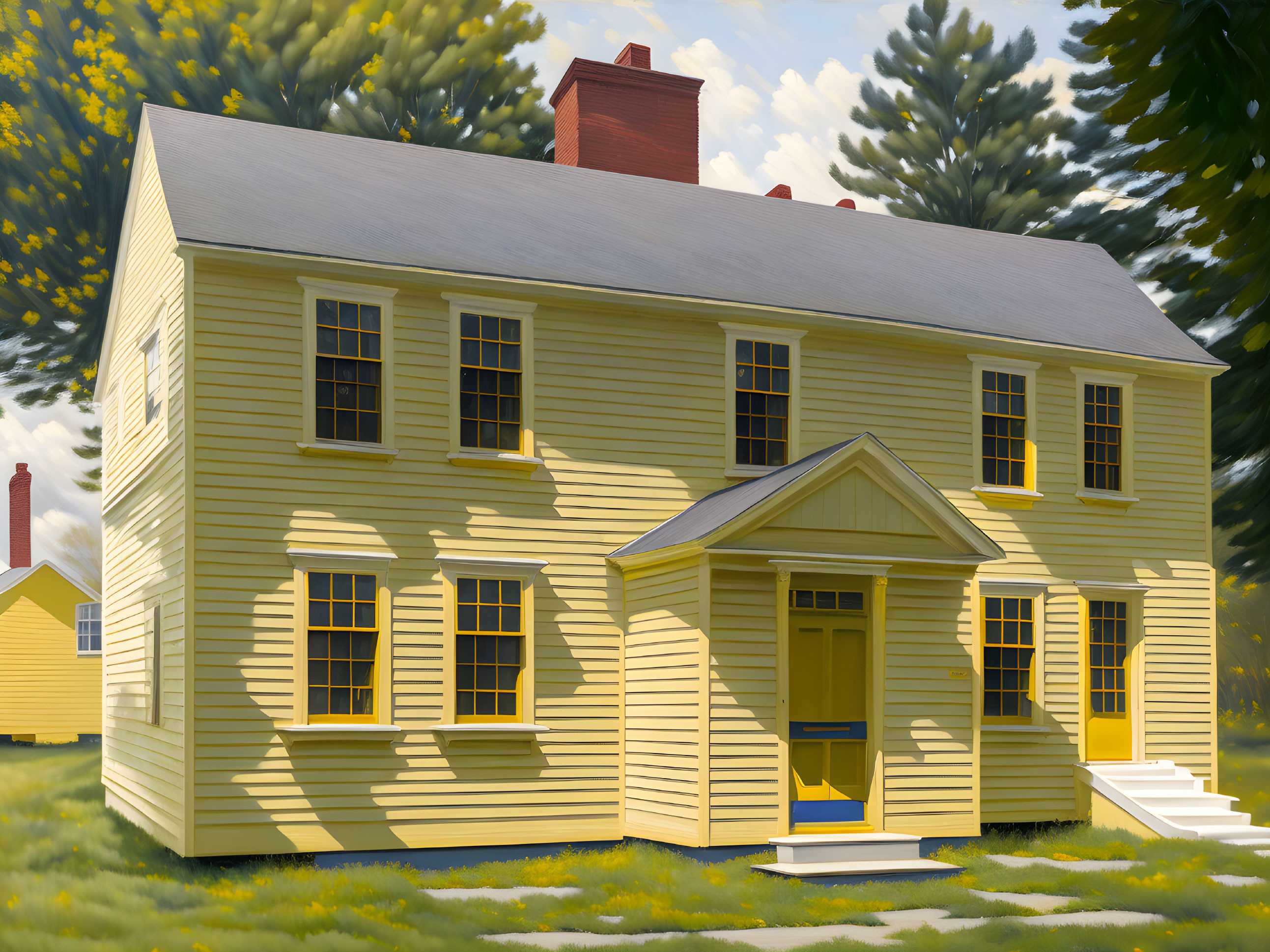 Yellow two-story house with gabled roof and white trim, front porch, surrounded by green trees.