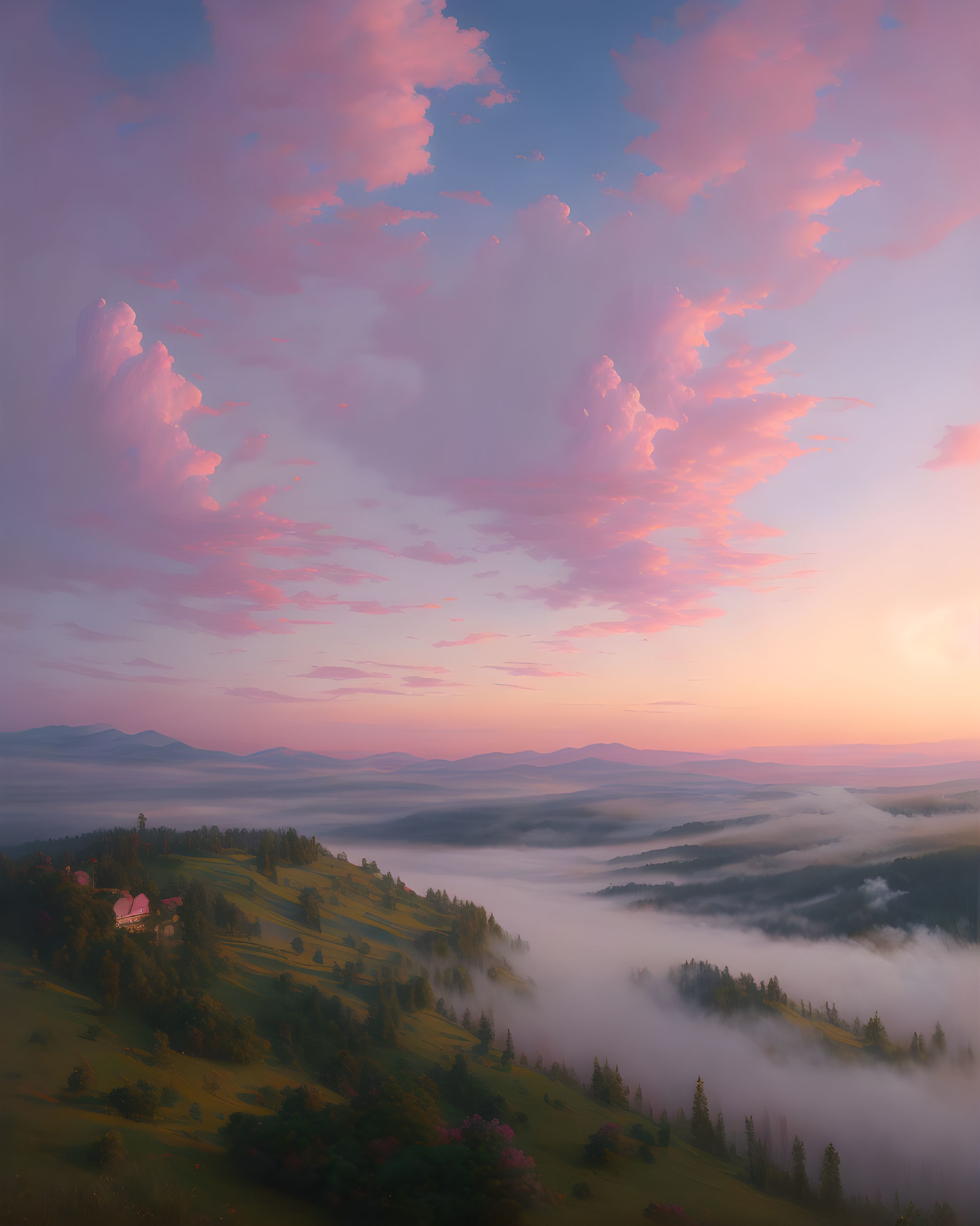 Tranquil sunrise landscape with misty hills and cozy house