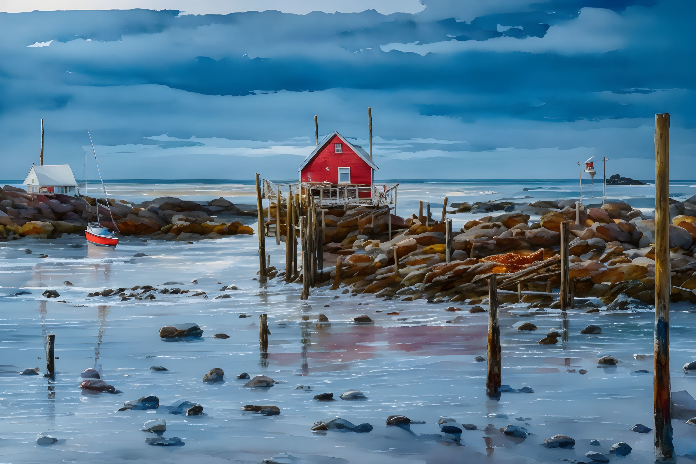 Vivid red boathouse on rocky pier by calm waters with red boat.