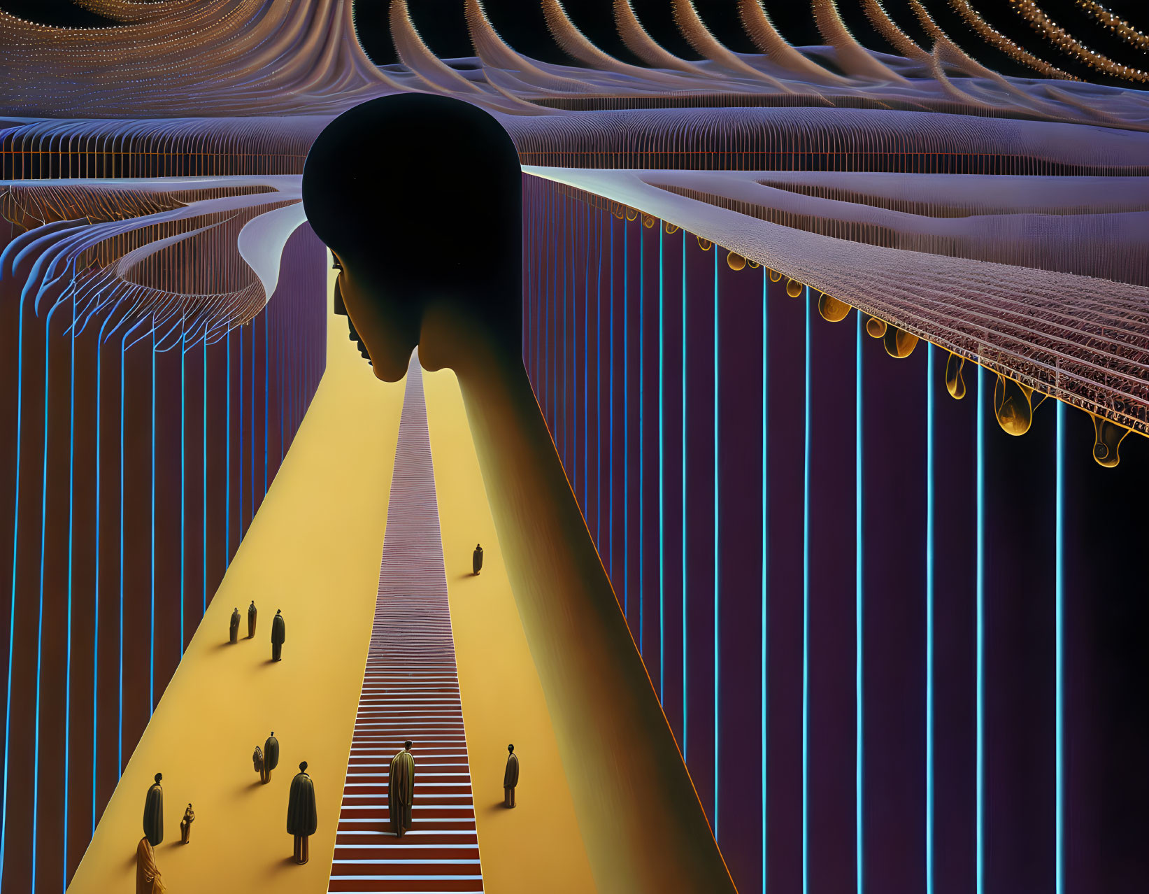 Surreal illustration of silhouetted figure with illuminated path and staircase surrounded by people.