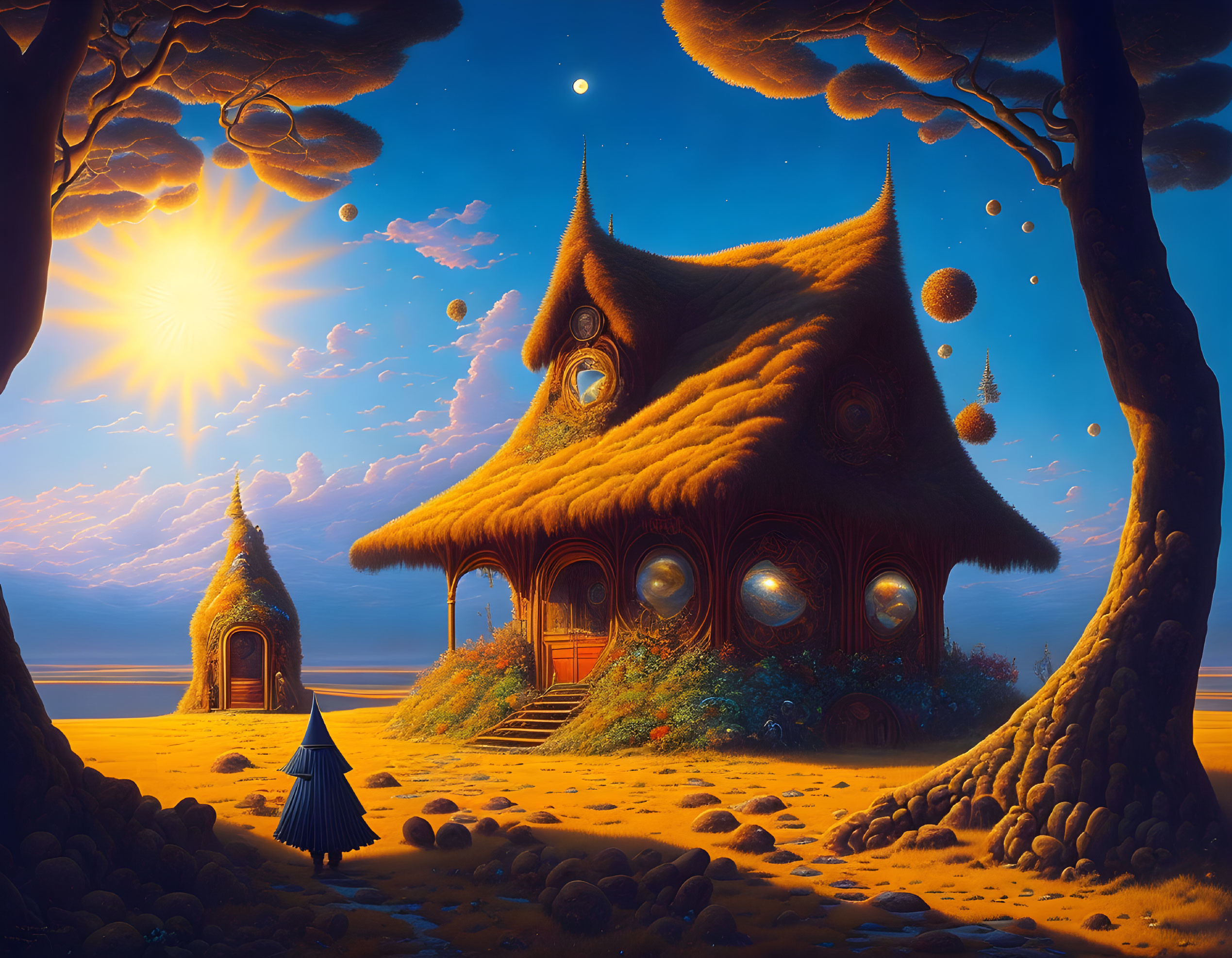 Fantasy landscape with hairy houses, glowing windows, and lone figure