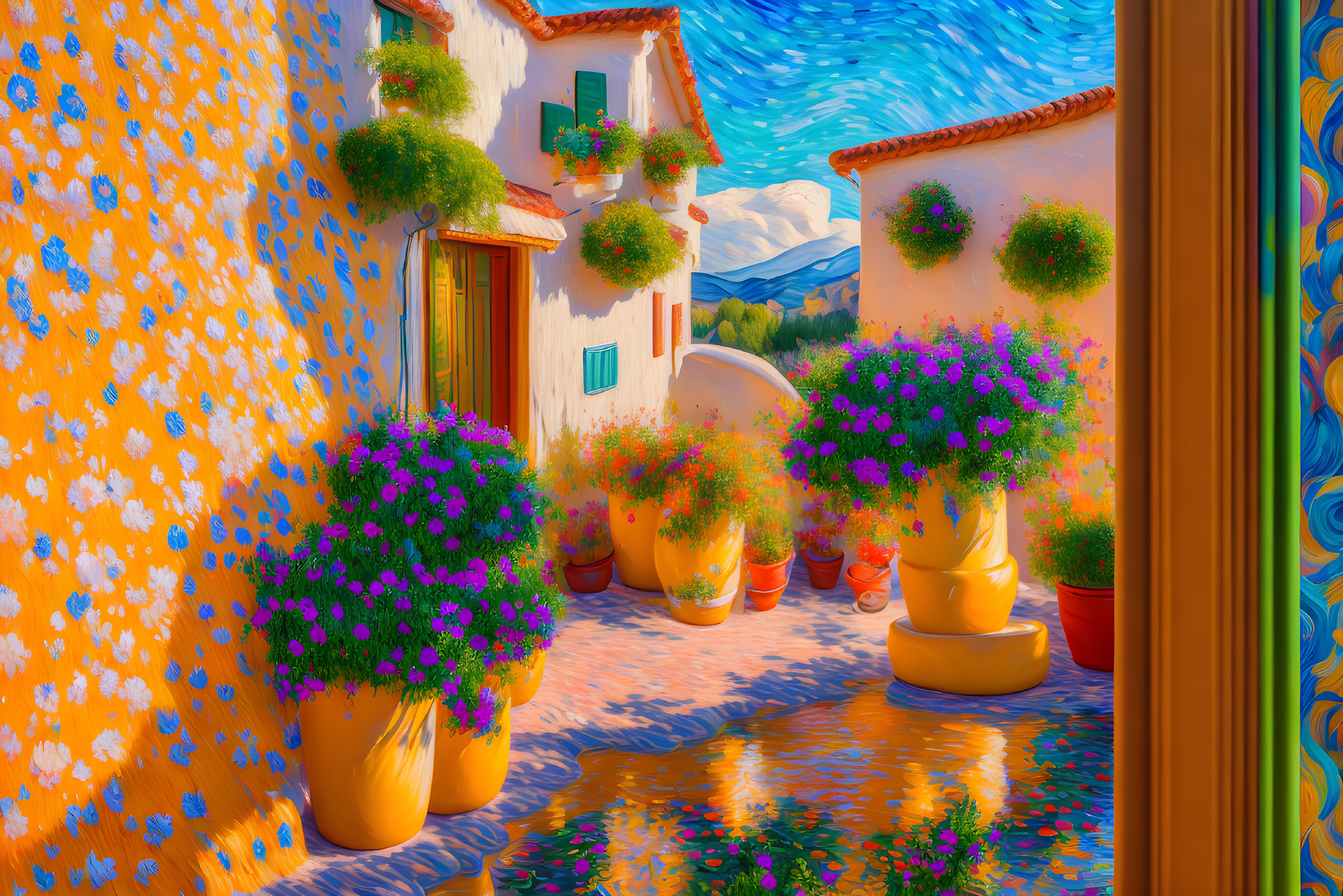 Vibrant alleyway with orange walls, purple flowers, blue sky, and sunlight shadows