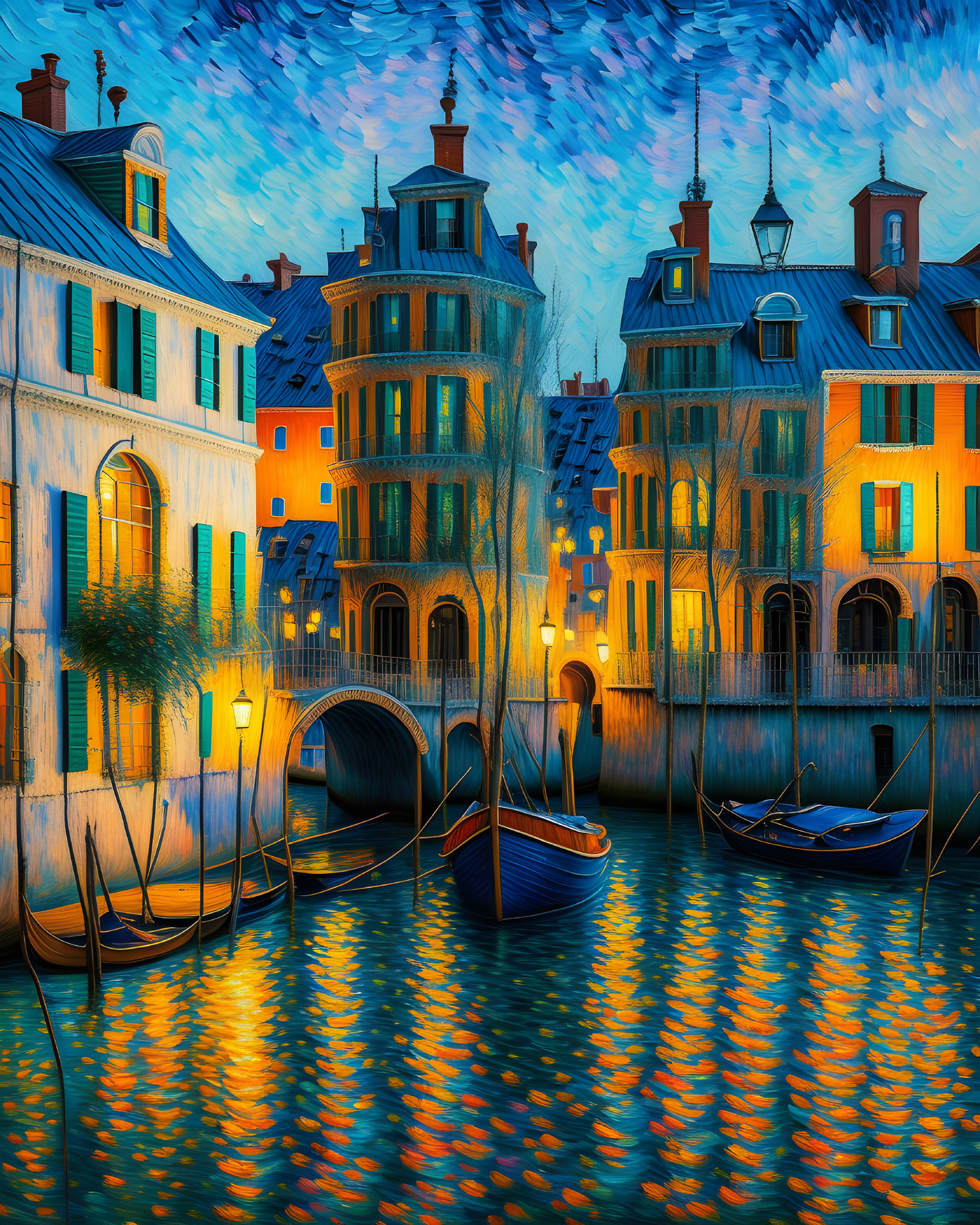 Colorful Venetian Canal Scene with Arched Bridges at Dusk