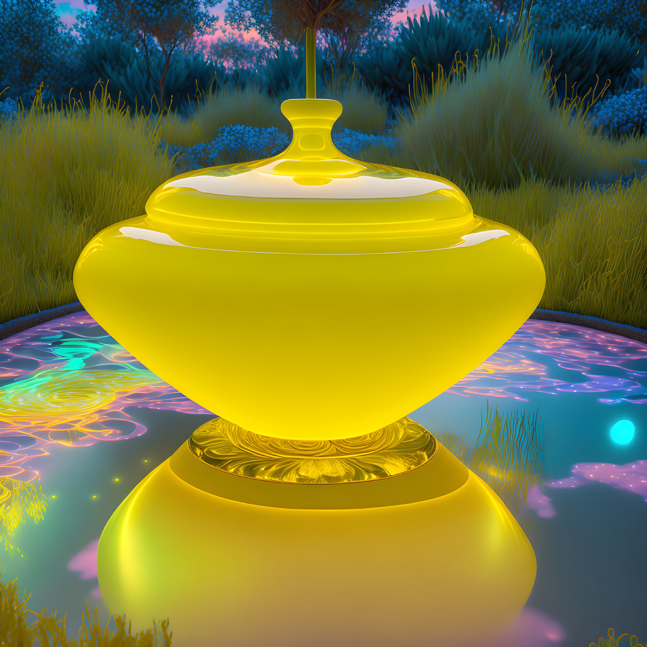 Golden magic lamp on reflective surface with lush flora under twilight sky