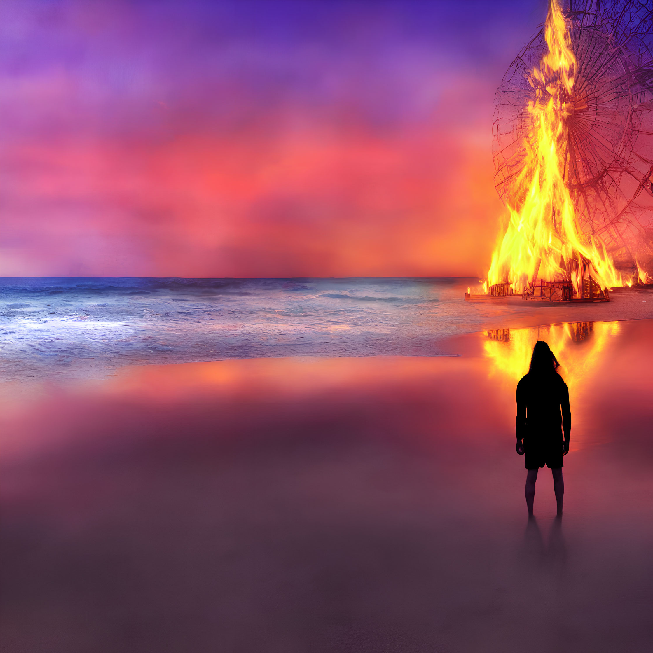 Twilight scene of person watching flaming Ferris wheel on beach