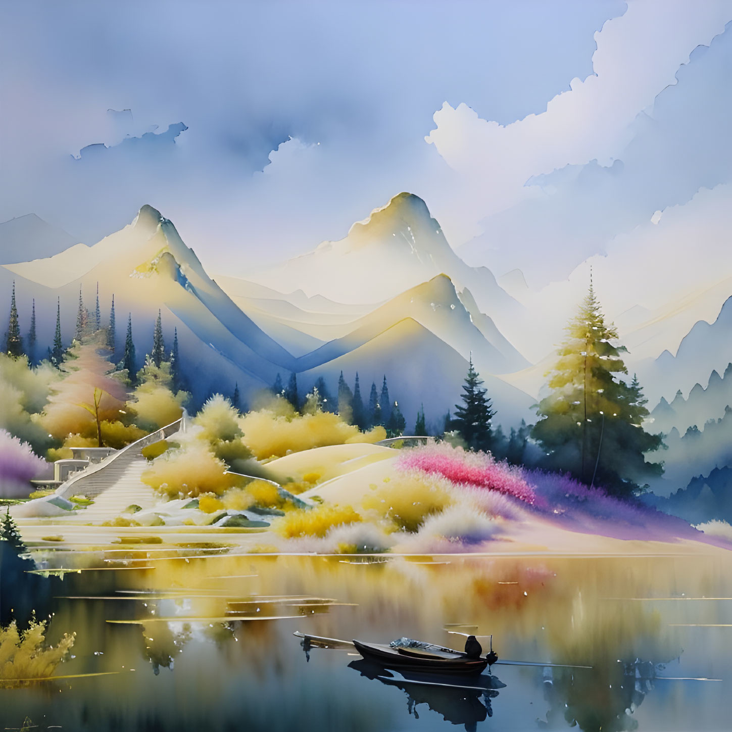 Tranquil landscape painting: serene mountains, calm lake, boat, colorful flora