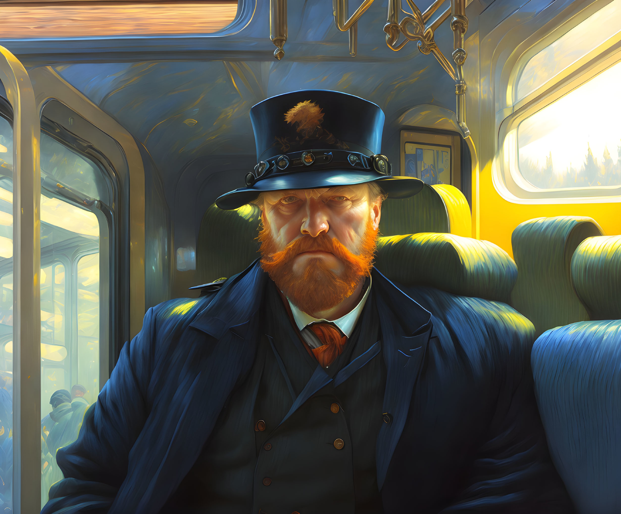 Bearded man in blue suit and top hat in vintage train carriage