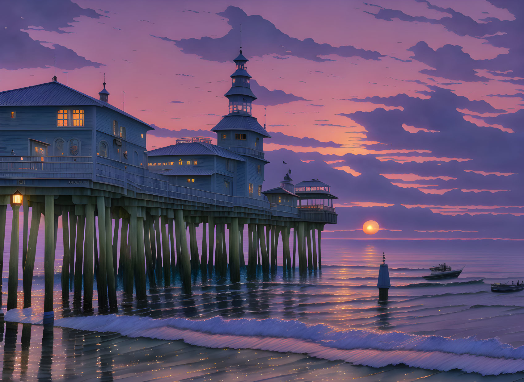 Tranquil ocean pier at sunrise with purple clouds and small boat