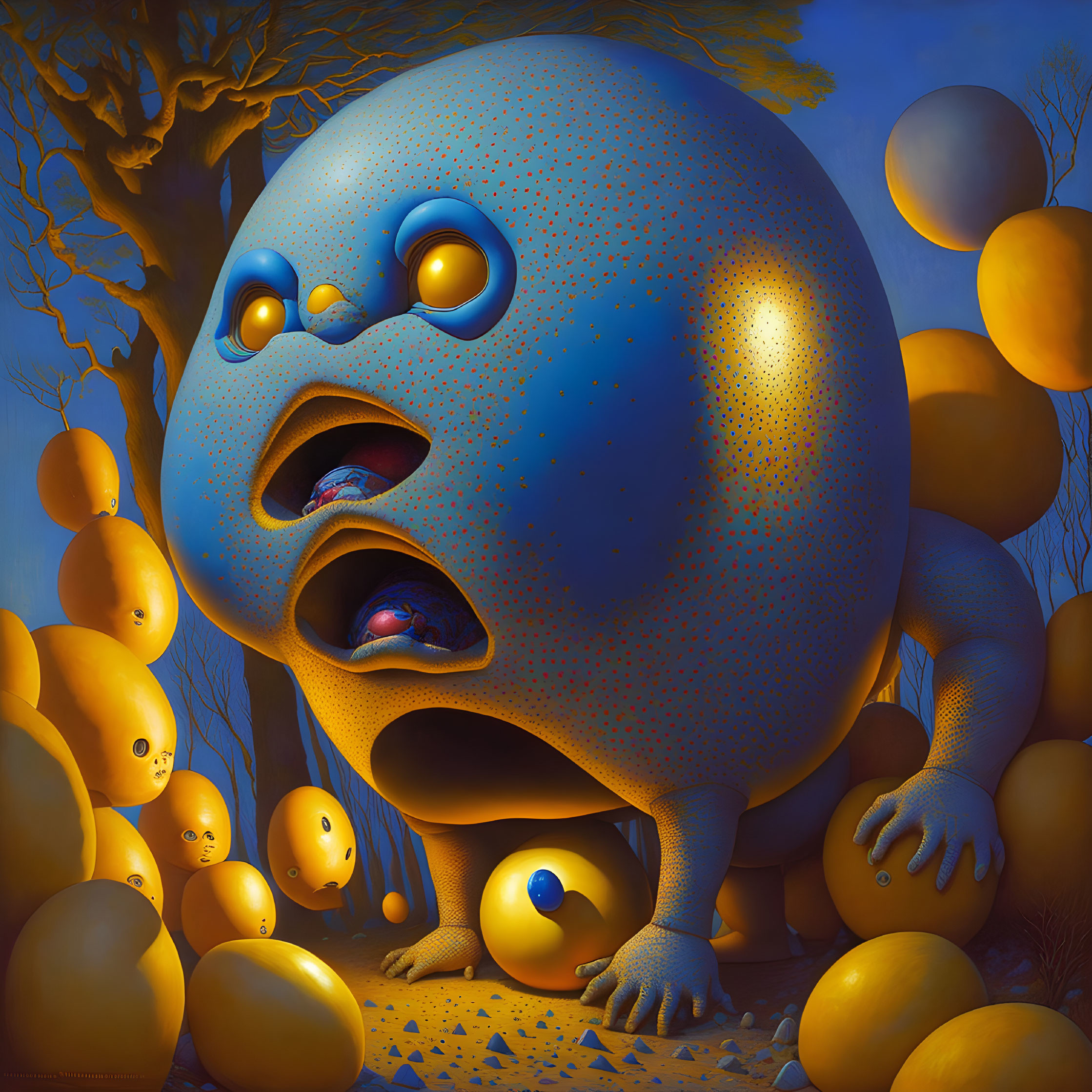 Large Blue Speckled Creature with Yellow Eyes in Surreal Twilight Scene