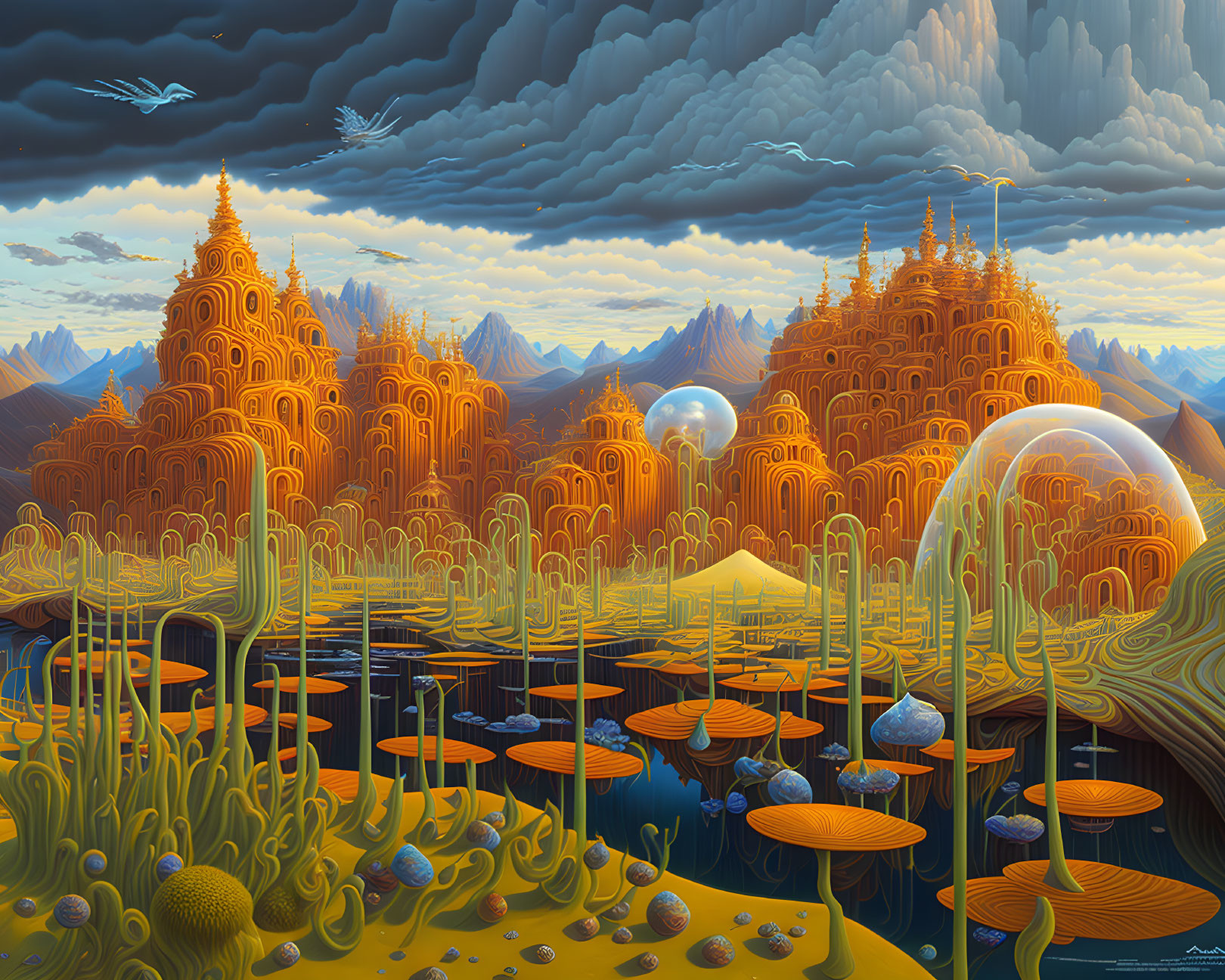 Fantastical landscape with orange-yellow structures, towering mushrooms, spheres, and water features
