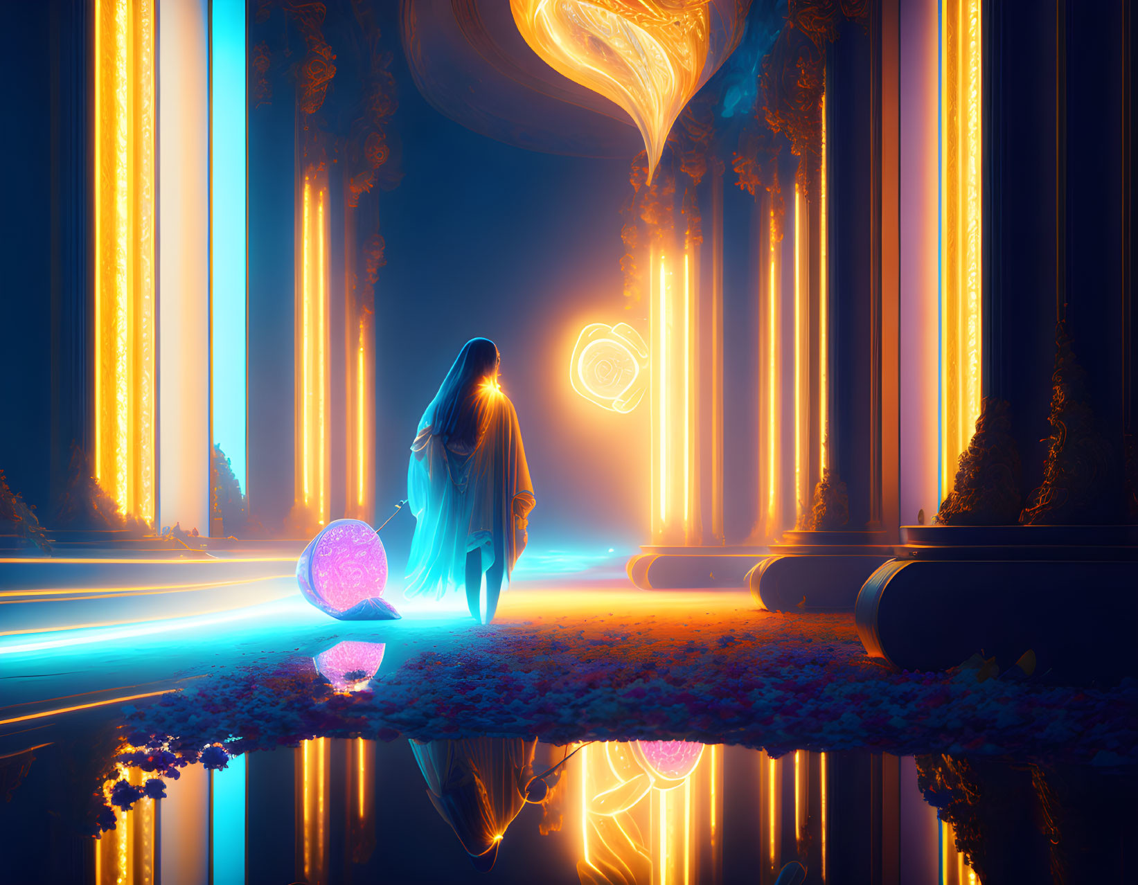 Cloaked figure with glowing orb in futuristic hall