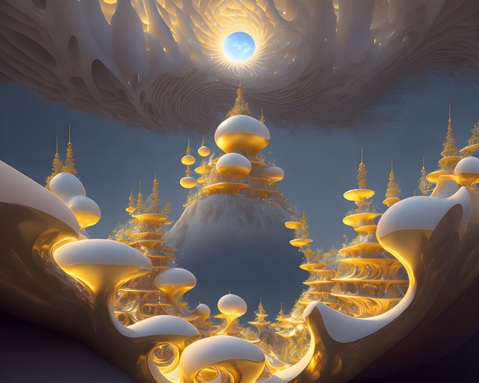 Surreal landscape with golden spiraling structures under blue sky