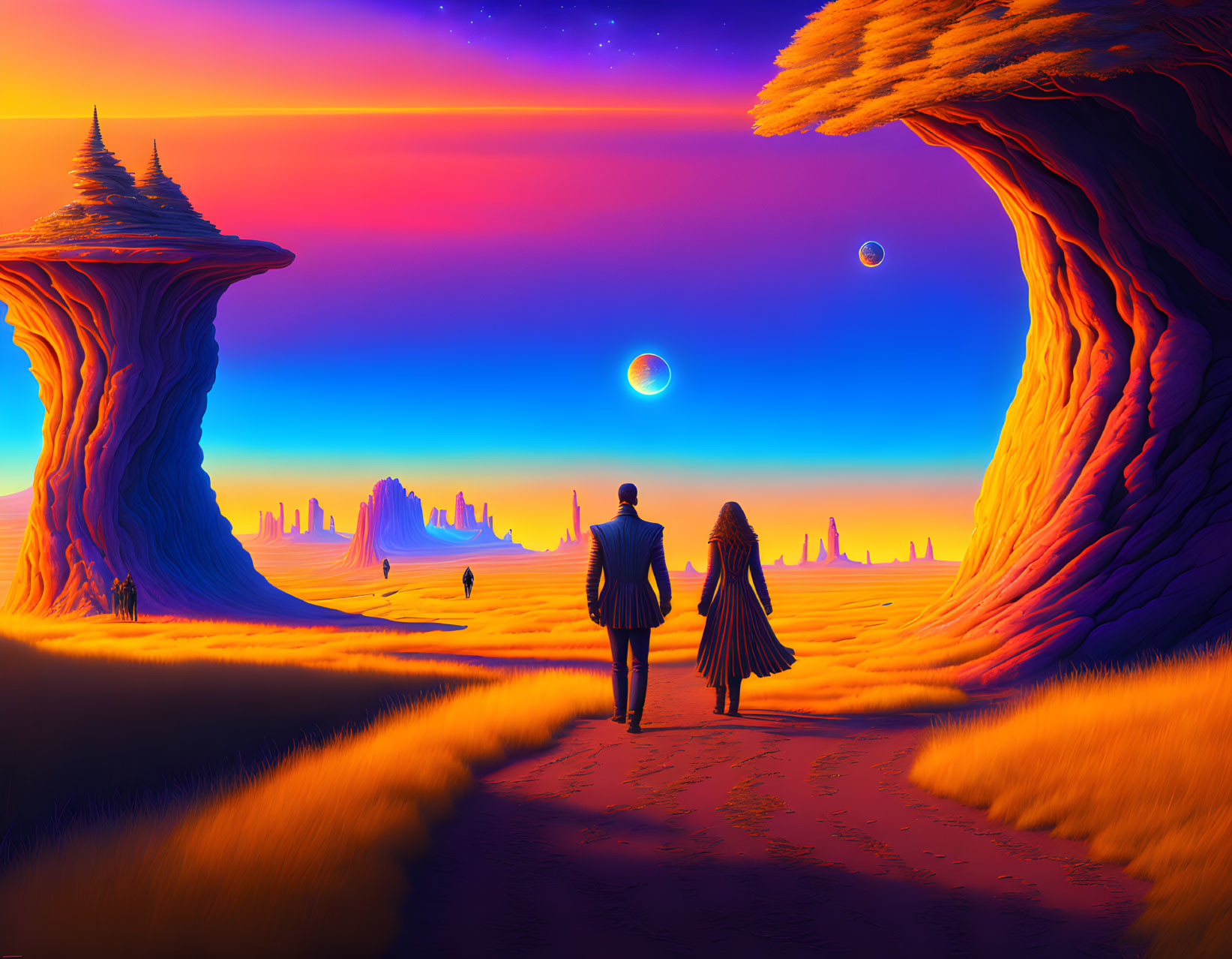 Couple Walking Towards Surreal Rock Formations Under Two Moons