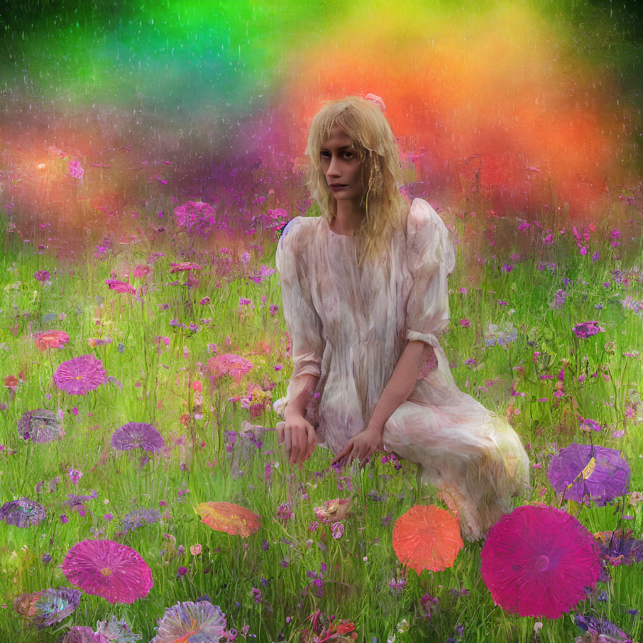 Blonde person in white dress surrounded by colorful flowers and aurora