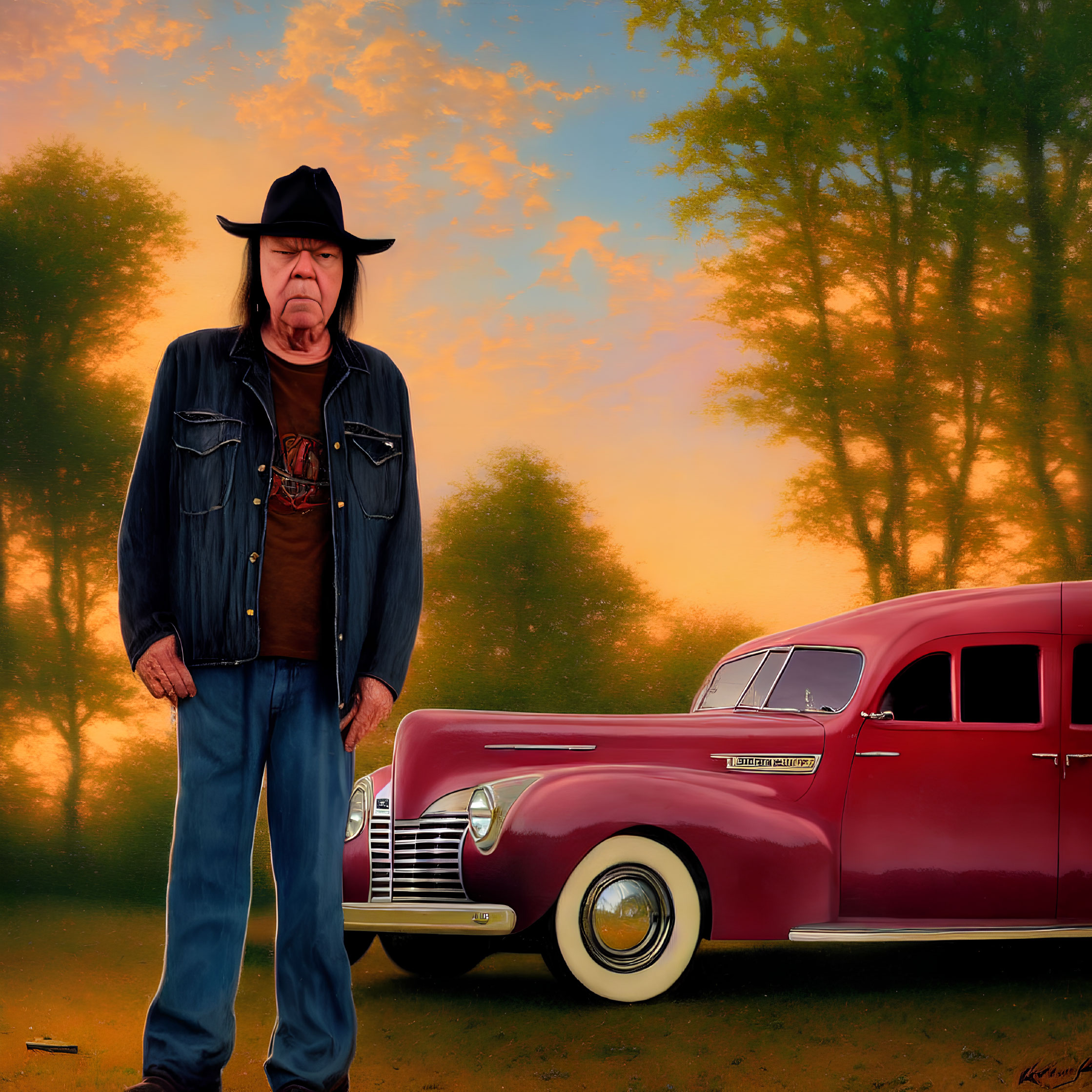 Man in cowboy hat and denim jacket with classic red car at sunset with trees.