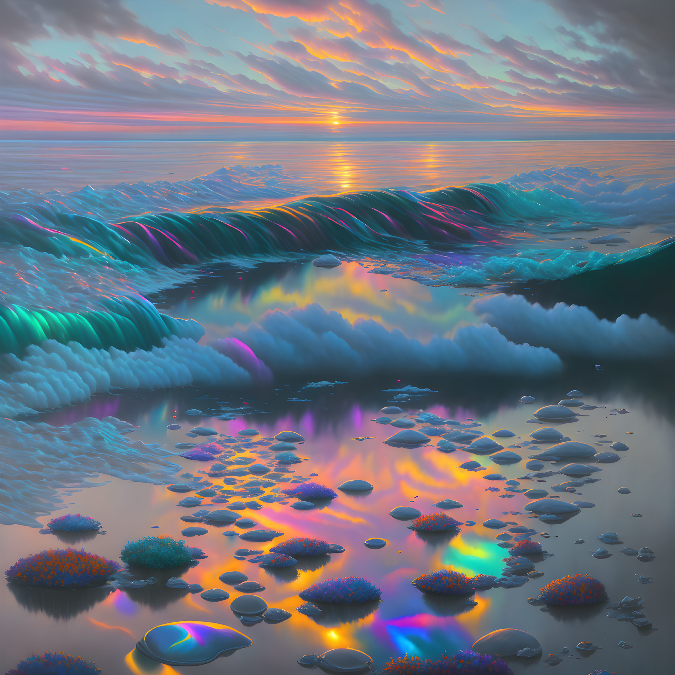 Surreal sunset ocean landscape with colorful waves and clouds