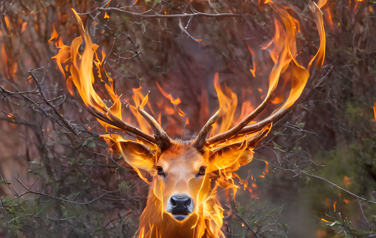 Deer with flaming antlers in smoky background