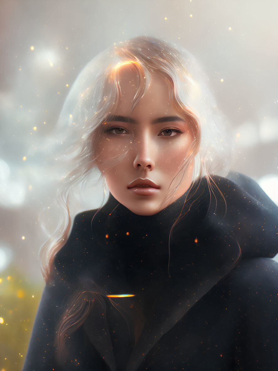 Blond Woman Portrait in Black Coat with Glowing Light Particles