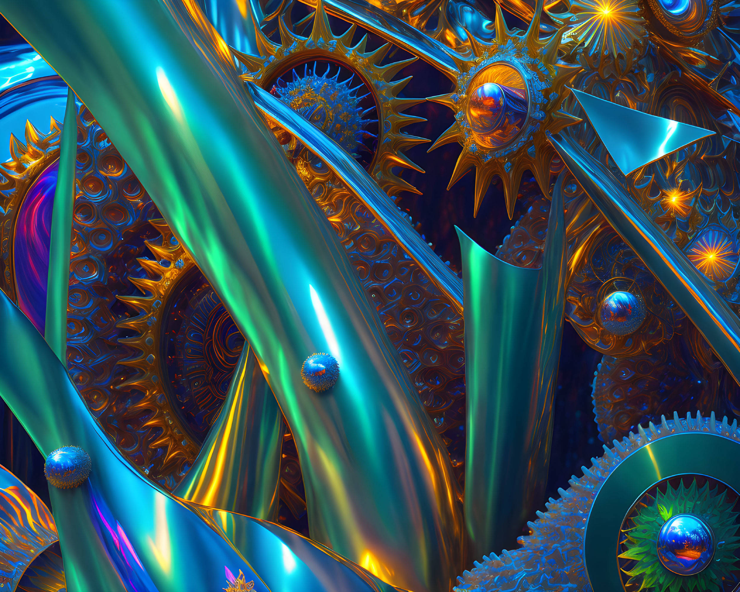 Intricate metallic gear and fractal designs in vibrant blue and gold