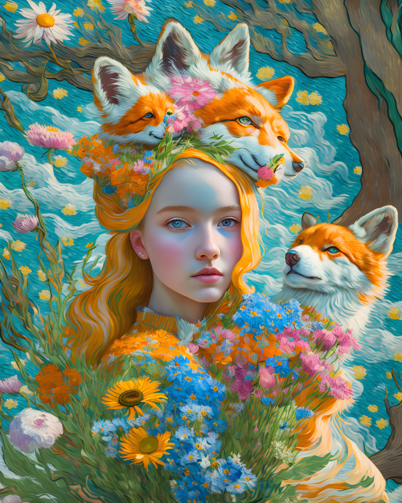 Surreal portrait of woman with blue eyes and floral adornment among stylized foxes and vibrant