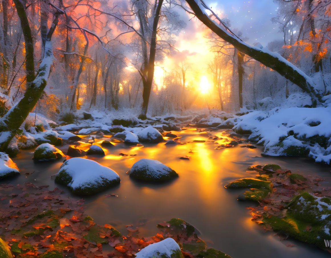 Snow-covered river at sunrise with bare trees - Winter landscape scene