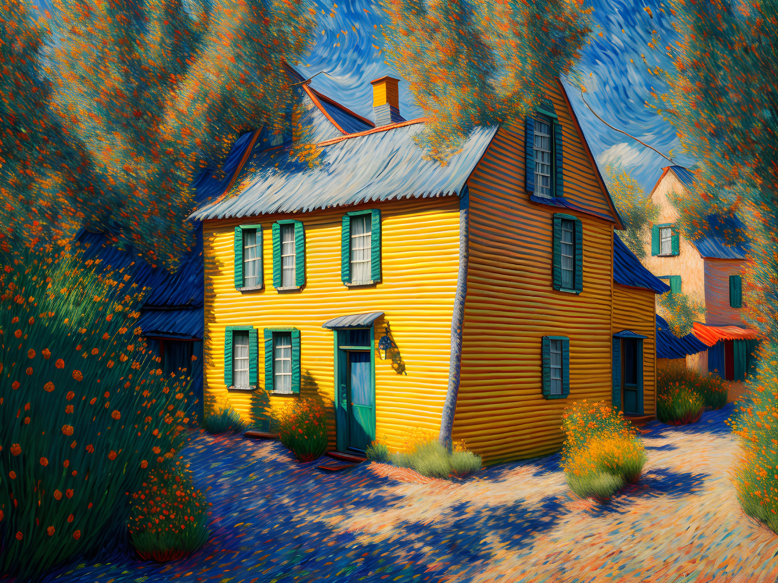 Impressionistic painting: Yellow house, blue roof, garden, trees