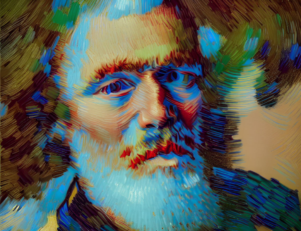 Vibrant abstract portrait of a bearded man with swirl effect in blues, greens, and red