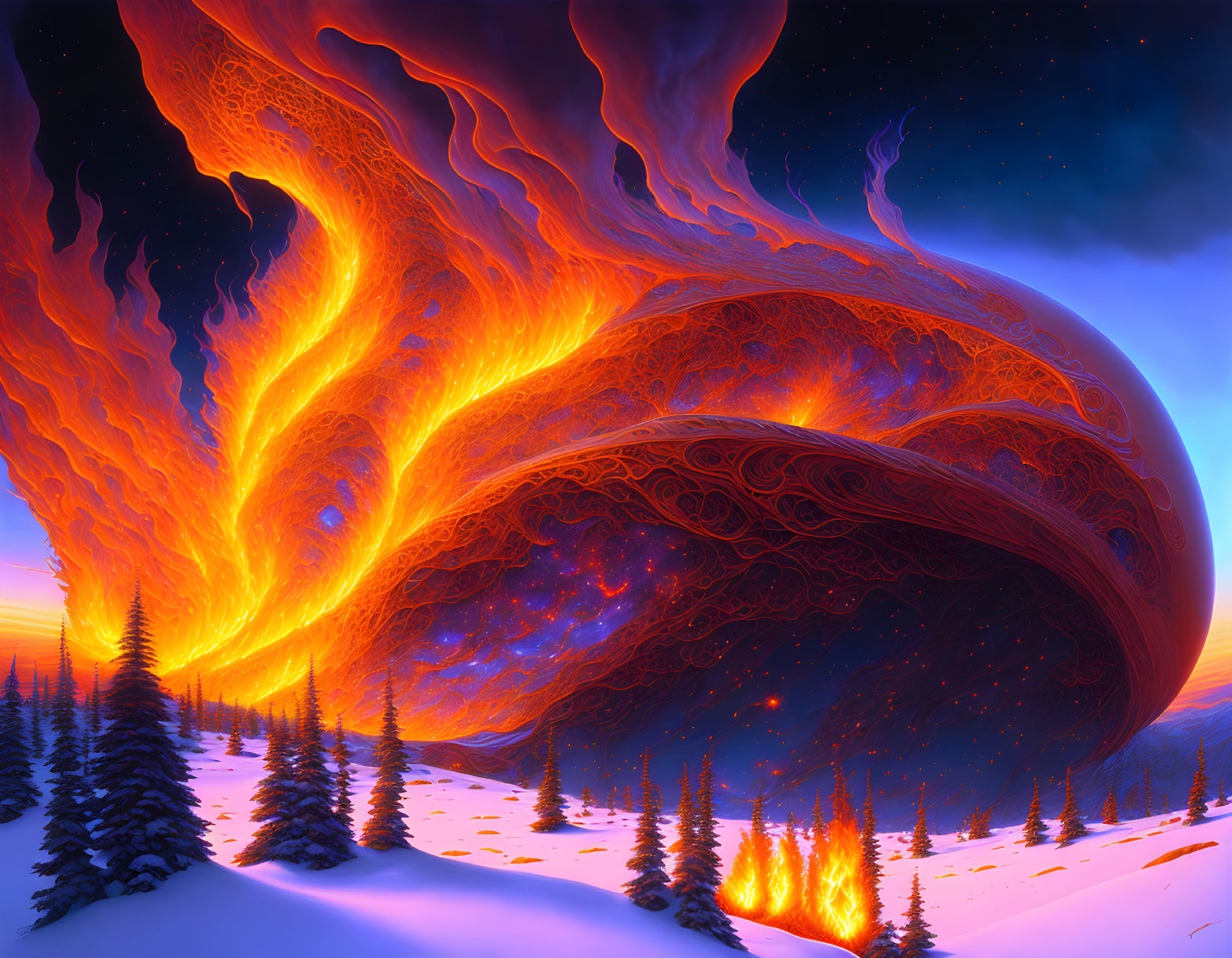 Vibrant digital artwork: Fiery swirl over snowy forest under starry sky