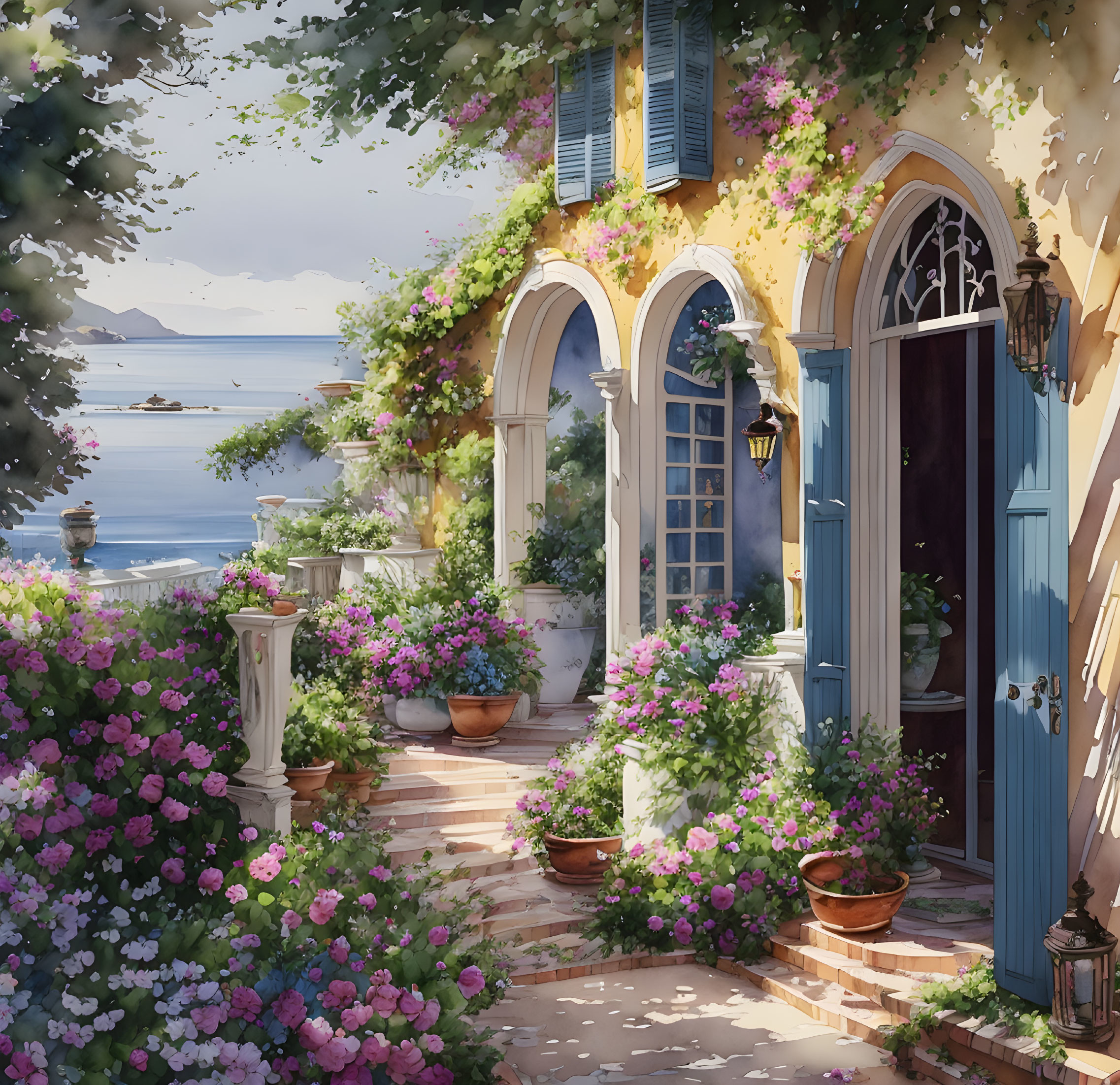 Tranquil coastal landscape with flower-lined path and arched entrance