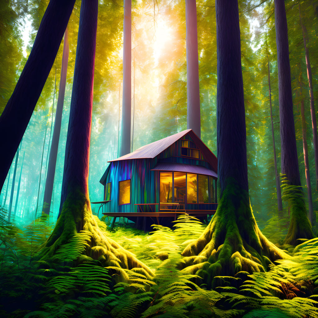 Cozy cabin in lush fern forest with tall trees and sun rays