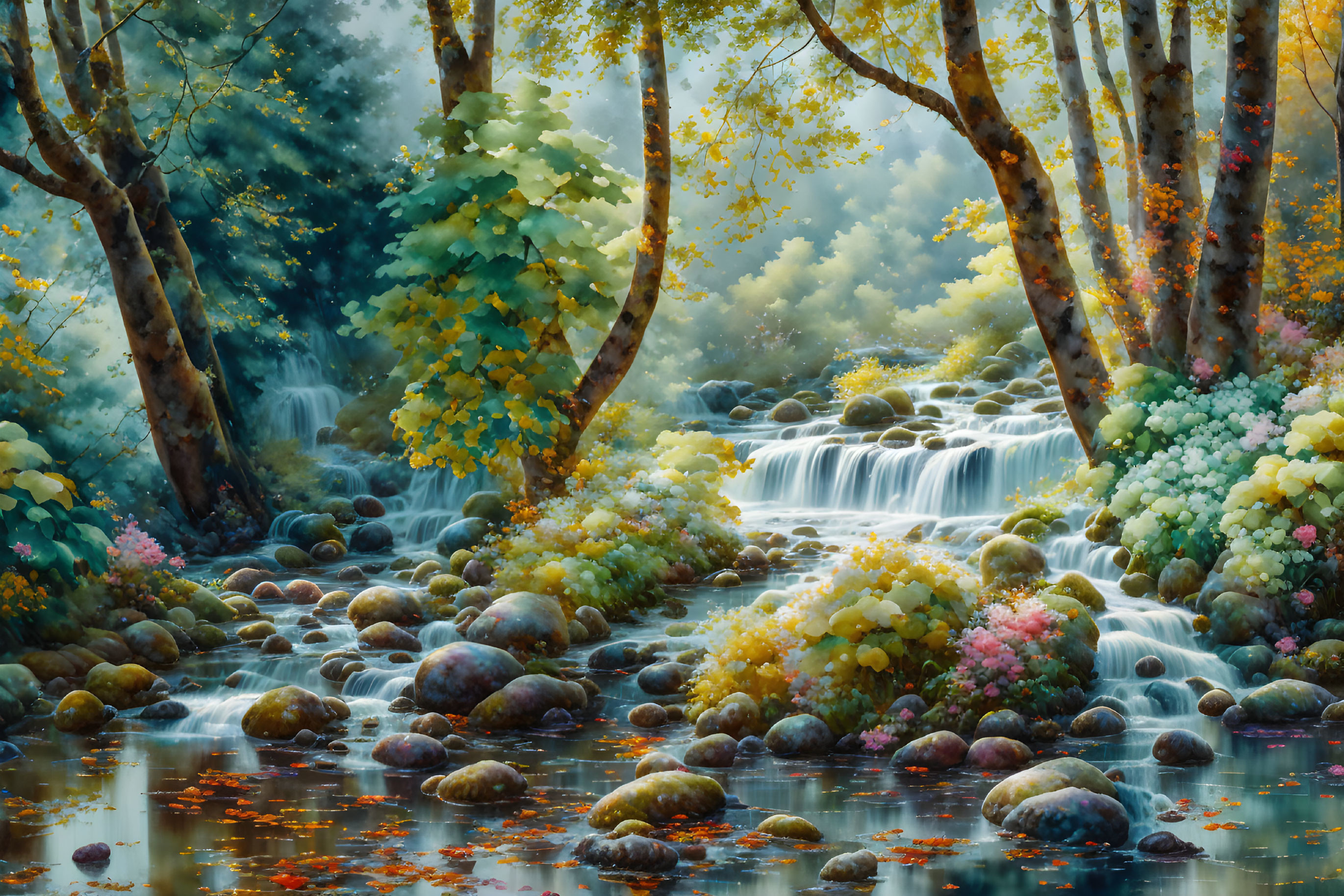 Tranquil forest waterfall with vibrant foliage