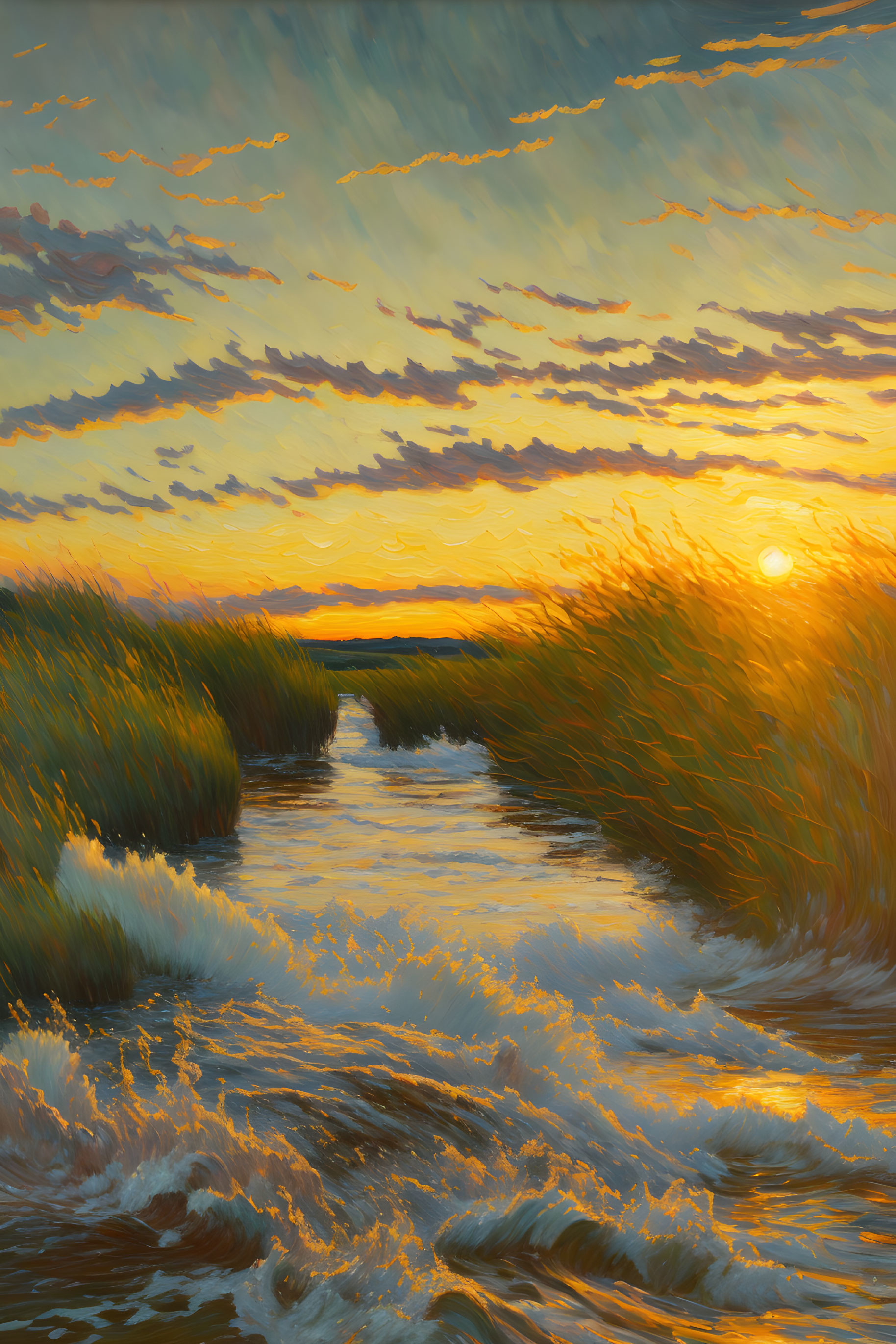 Colorful sunset painting with sun's reflection on winding river and lush grasses.