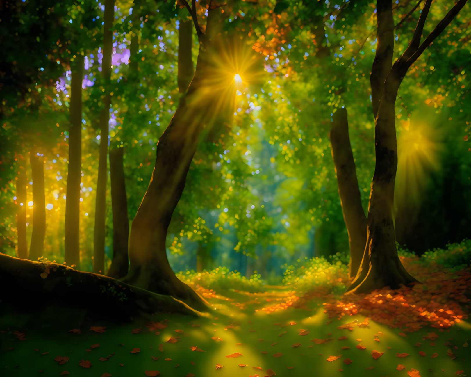 Tranquil forest scene with sunlight through lush trees