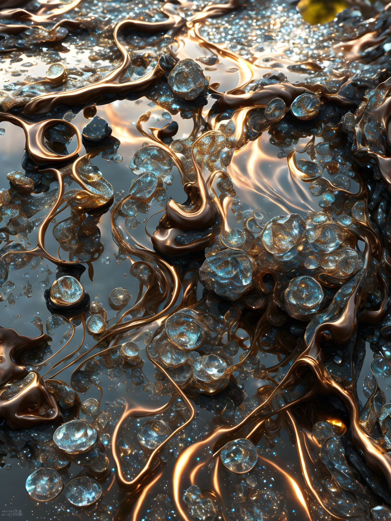 Detailed high-resolution image of interwoven liquid strands resembling molten metal with glass-like bubbles.