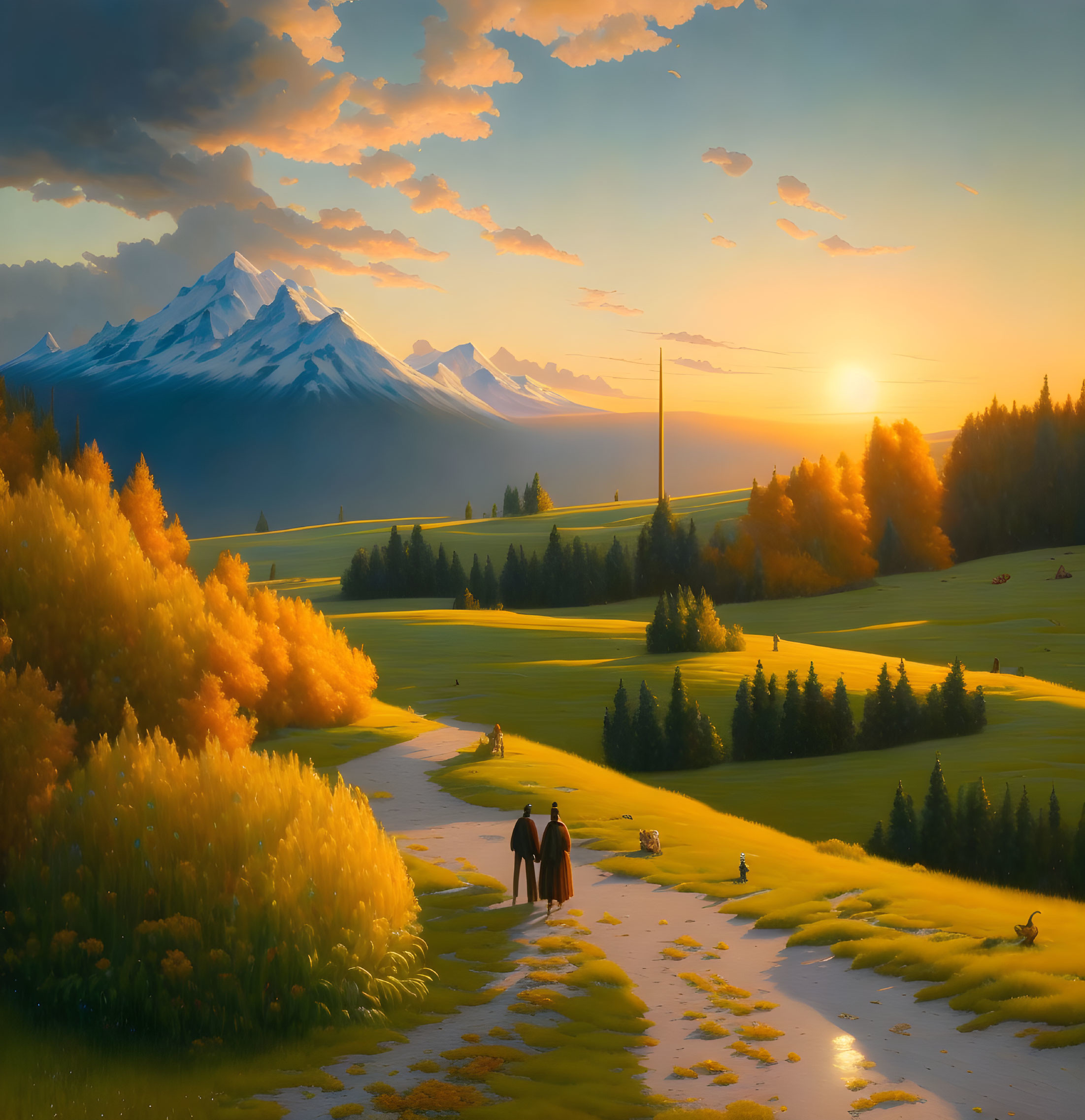 Couple Walking on Scenic Autumn Path with Mountains and Sunset