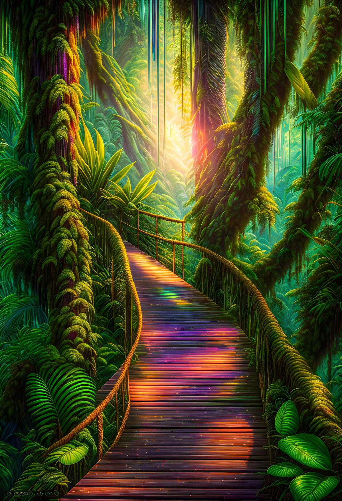 Colorful illustration: Wooden bridge in lush tropical jungle at sunrise or sunset