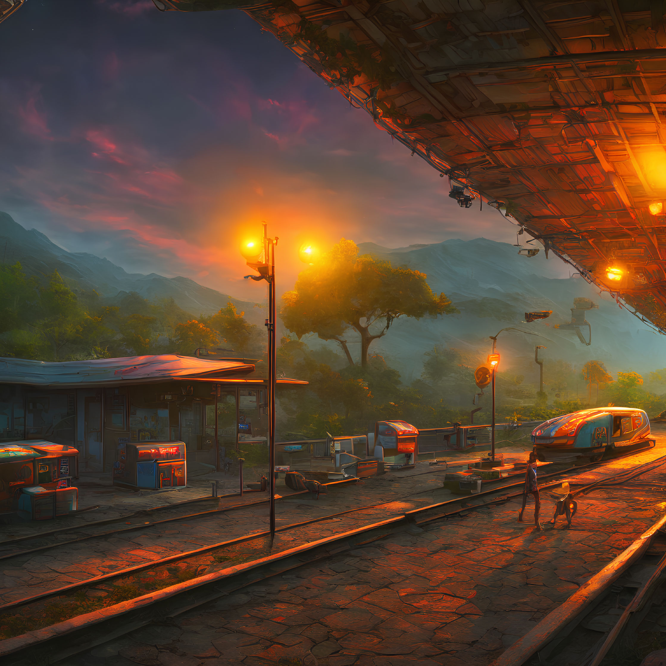 Futuristic train station at sunset with glowing lights