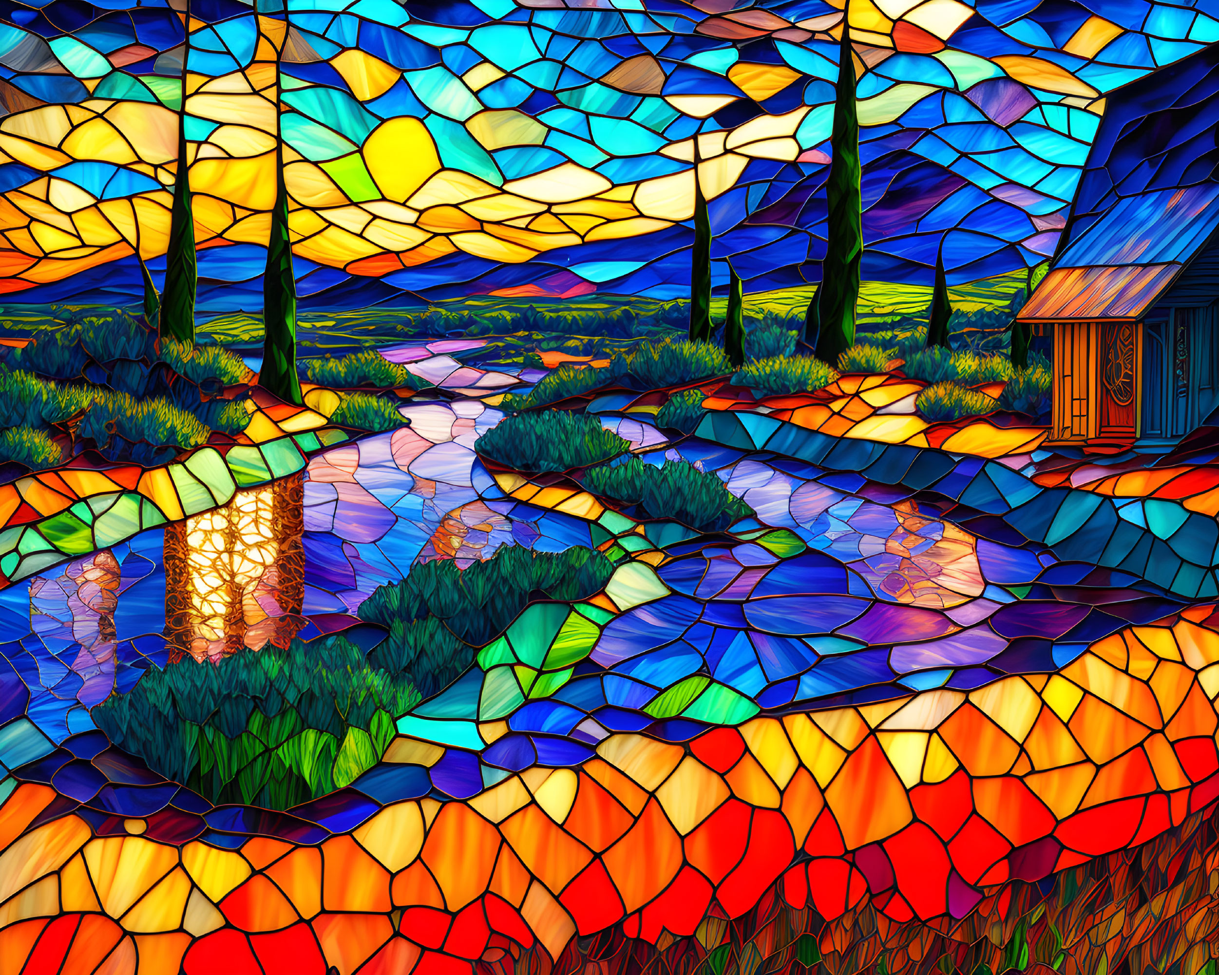 Colorful stained glass style landscape with trees, cabin, and river at sunset