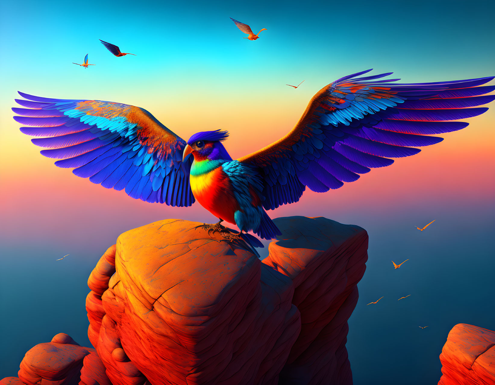 Colorful bird perched on rock in sunset scenery