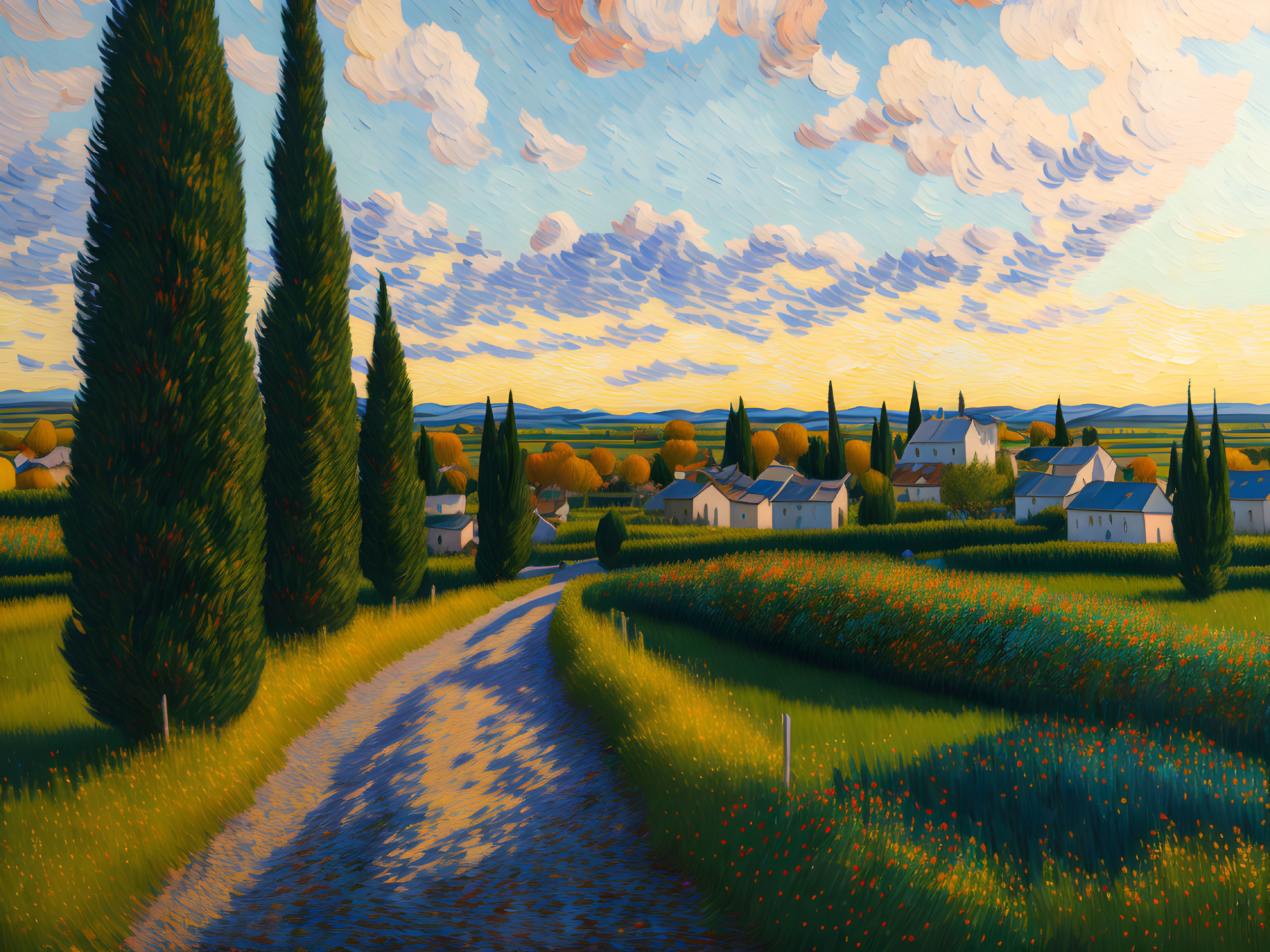 Colorful countryside road painting with tall trees and sunset sky