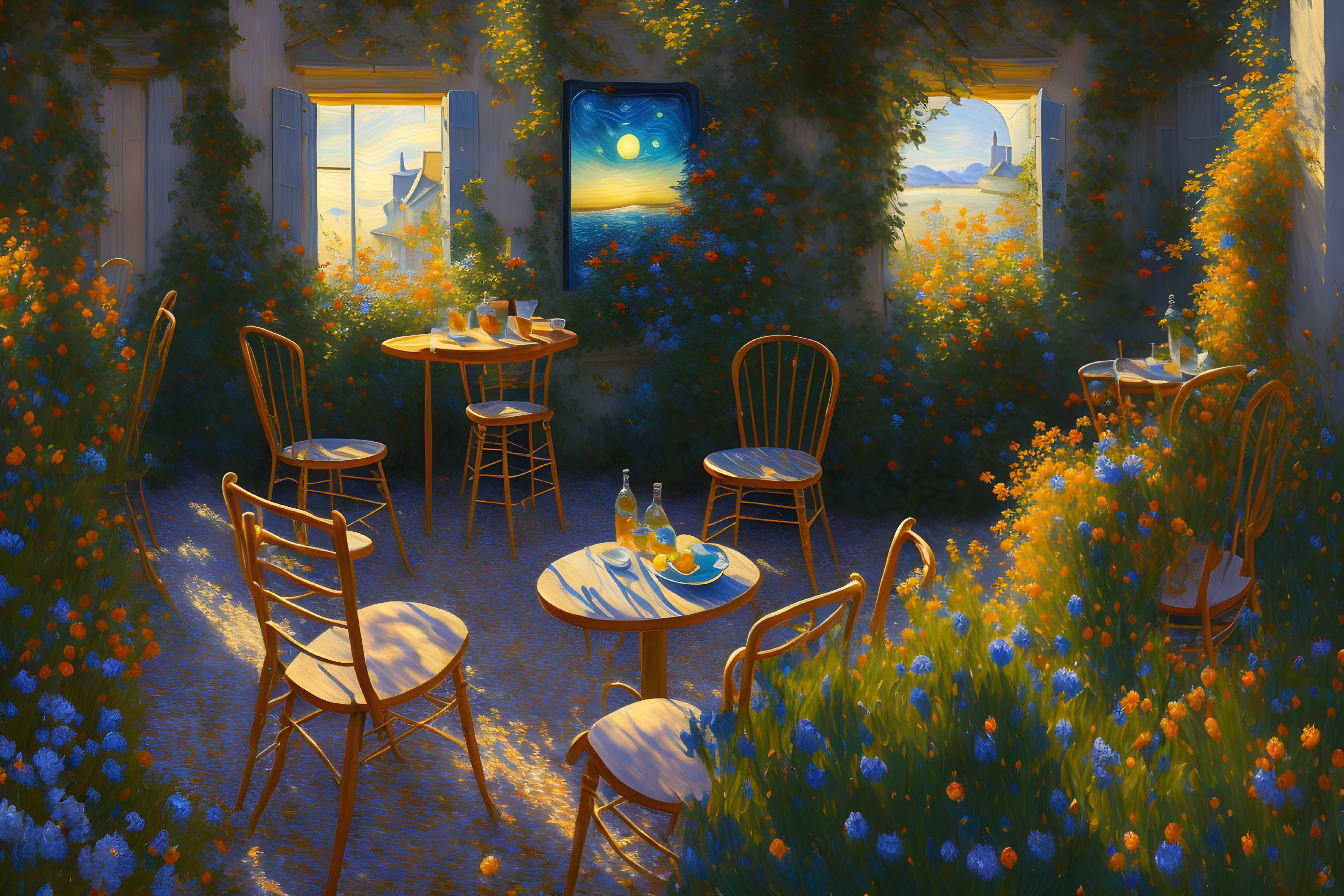 Tranquil garden setting with tables for two, surrounded by orange and blue flowers, under golden sunlight