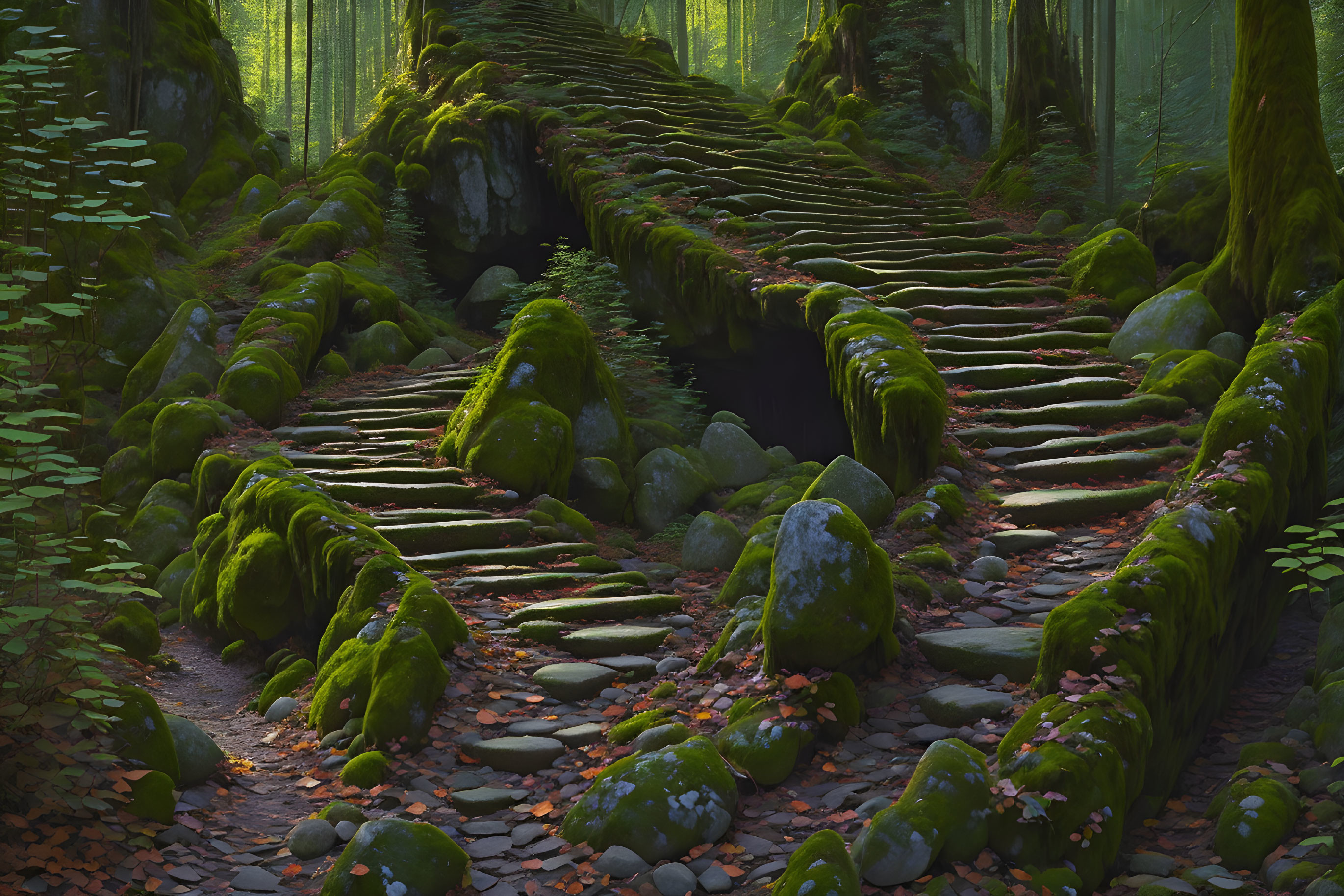 Moss-covered stone bridge in lush forest with sun rays filtering through trees