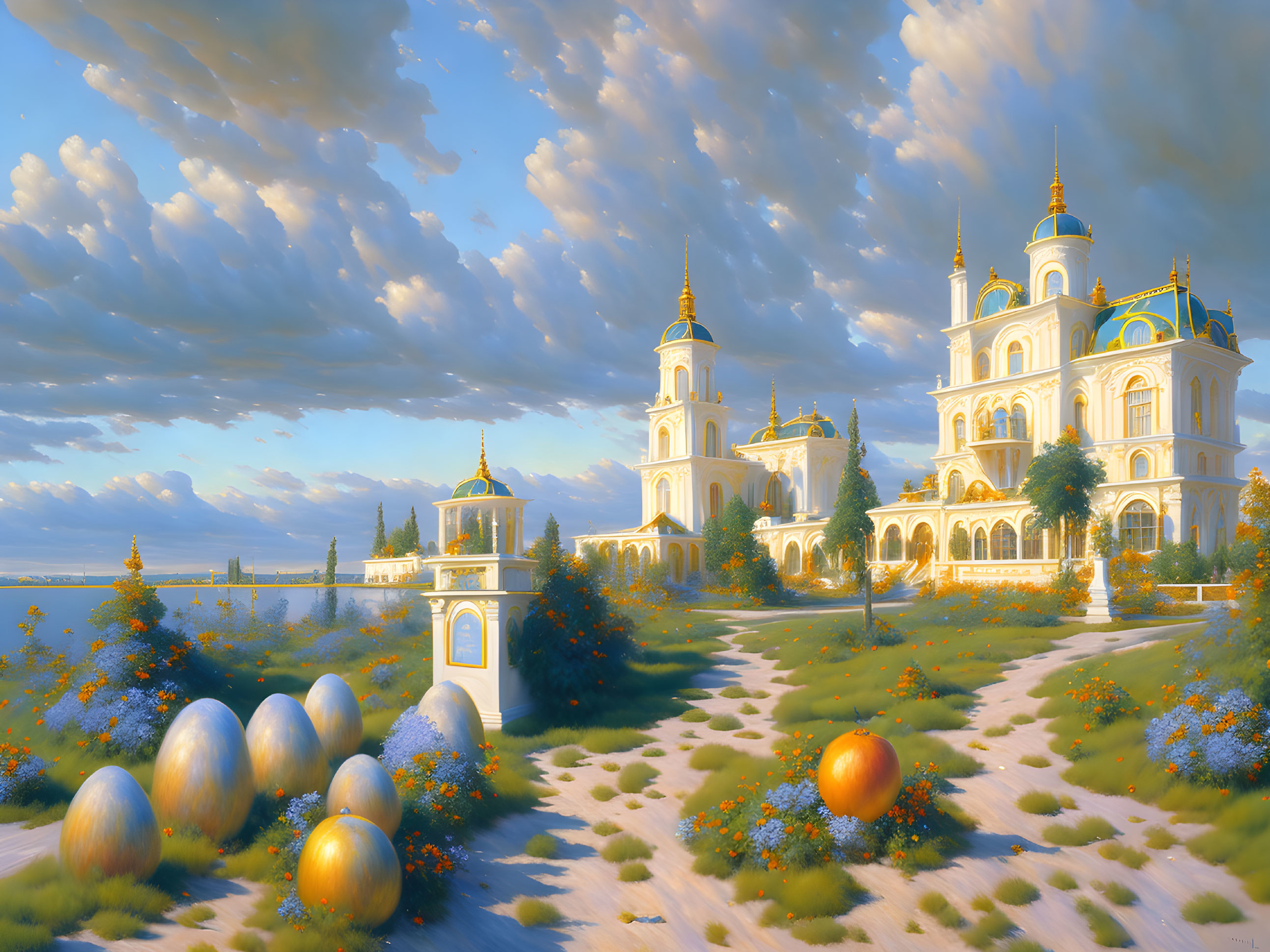 Ornate white and gold building in dreamlike landscape with vibrant flowers, colorful eggs, and serene