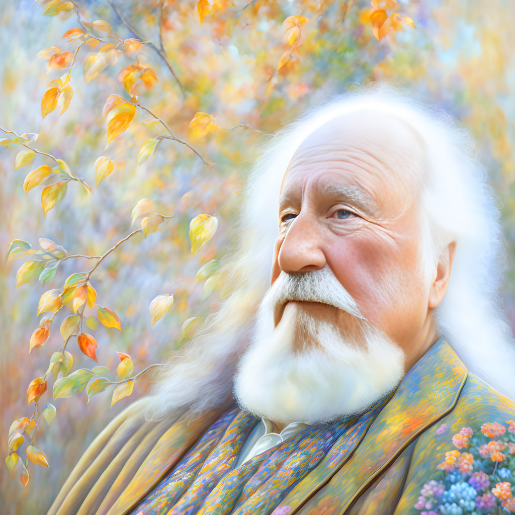 Elderly Man with White Beard Smiling in Autumnal Setting