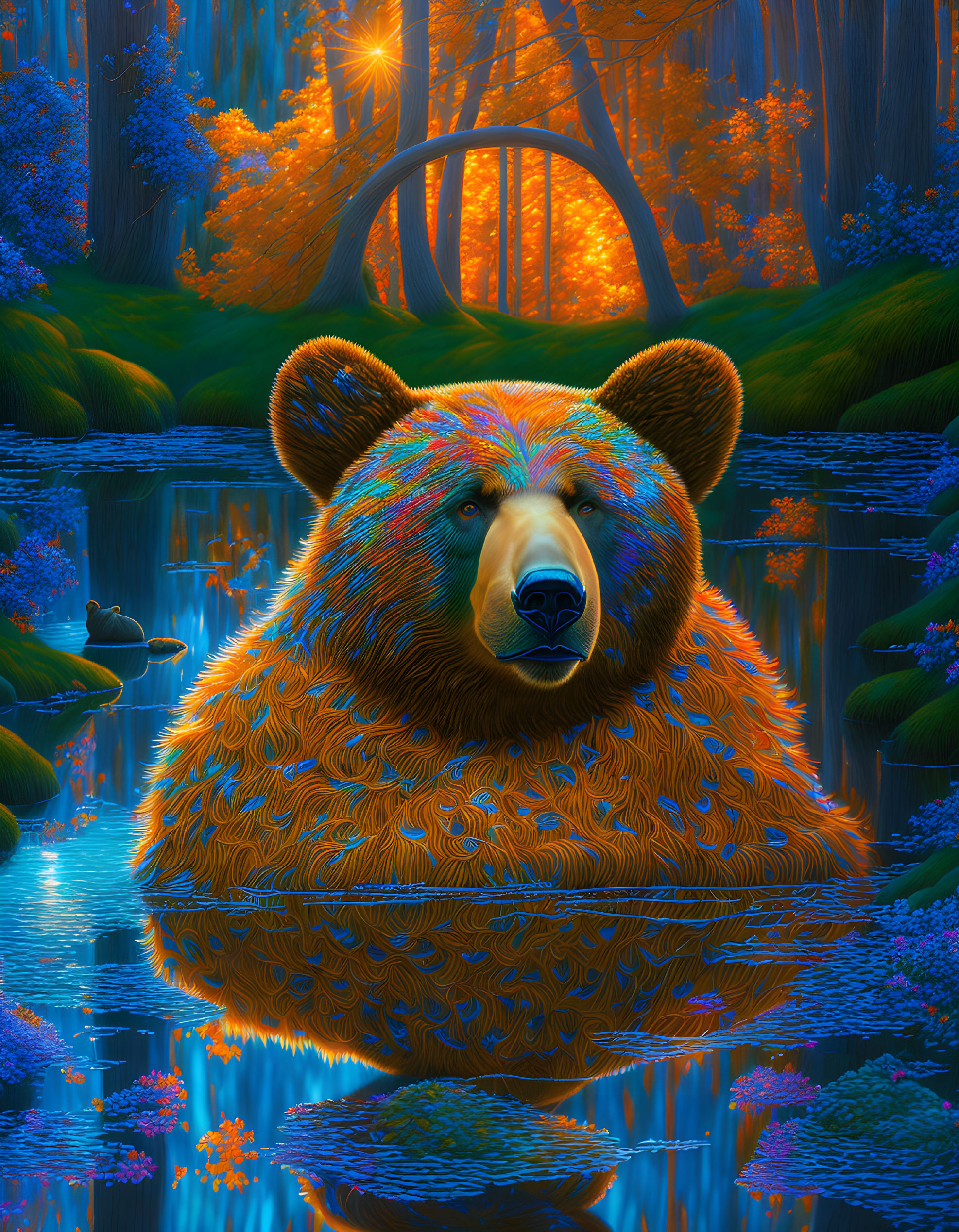 Colorful Bear in Fantasy Forest with Stream and Bridge