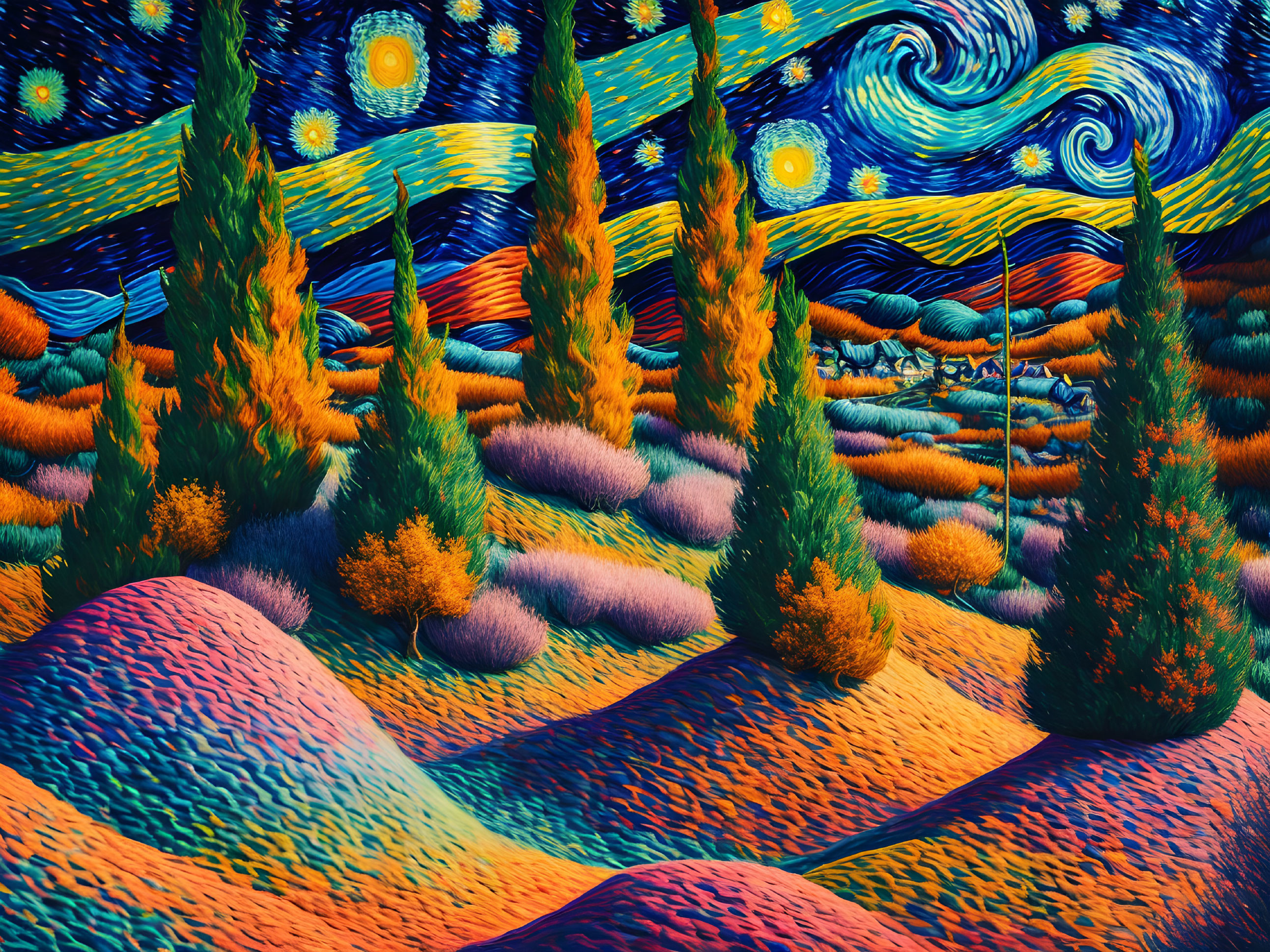 Colorful landscape with swirling skies, patterned hills, and flame-like trees.